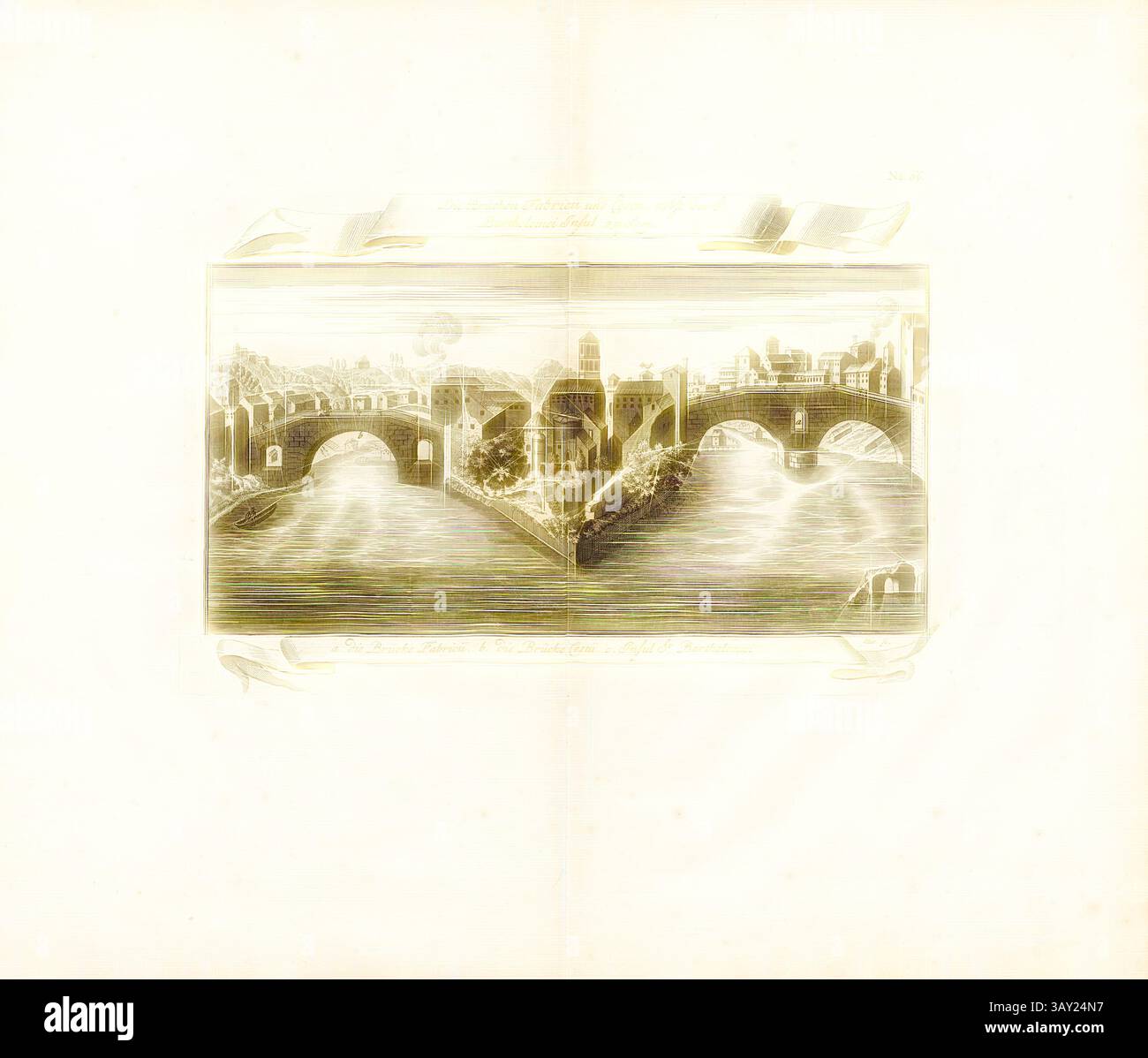 Una vista panoramica che mostra due ponti che attraversano un fiume, con dettagli architettonici e paesaggi circostanti accuratamente illustrati. La scena cattura un'atmosfera serena, mettendo in risalto le strutture e i loro riflessi nell'acqua. I ponti Fabricii e Cestii, insieme ai Santi Bartolomei Insul kom, Ponte dei quattro Capi, Ponte Cestio e l'Isola Tevere di Roma, firmati: sturgeon sc, Fig. 54, no 66, dopo P. 96, Stör, Johann Wilhelm (sc.); Breitkopf, Bernhard Christoph (ed.), 1735, Carl Christian Schramm: Historischer Schauplatz in welchem die merkwürdigsten Brücken aus alle Foto Stock