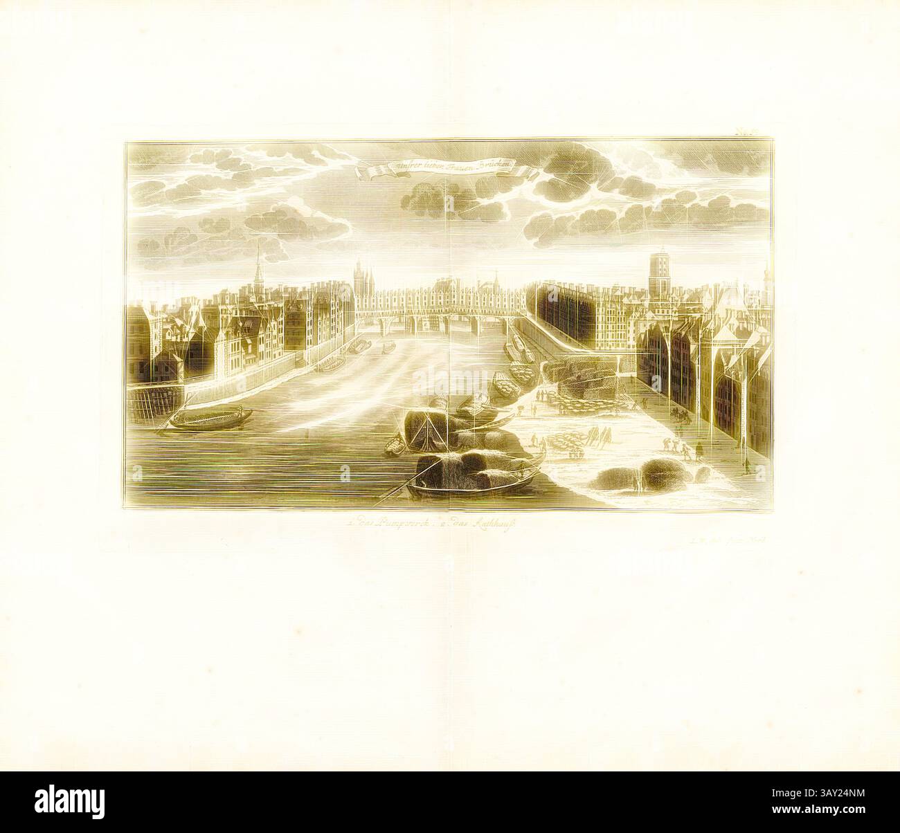 Una scena storica sul lungofiume che raffigura un vivace lungomare, con barche ancorate lungo la riva e iconici edifici che costeggiano le rive. Il cielo è pieno di nuvole drammatiche, che creano un'atmosfera unica sul paesaggio, mentre le persone possono essere viste impegnate in varie attività., le nostre donne amano i ponti, Pont Notre-Dame sulla Senna a Parigi, firmato: I. W. Stör fecit, Fig. 48, no 59, dopo P. 96, Stör, Johann Wilhelm (sc.); Breitkopf, Bernhard Christoph (ed.), 1735, Carl Christian Schramm: Historischer Schauplatz in welchem die merkwürdigsten Brücken aus allen Theilen der Welt, insonderheit aber Foto Stock