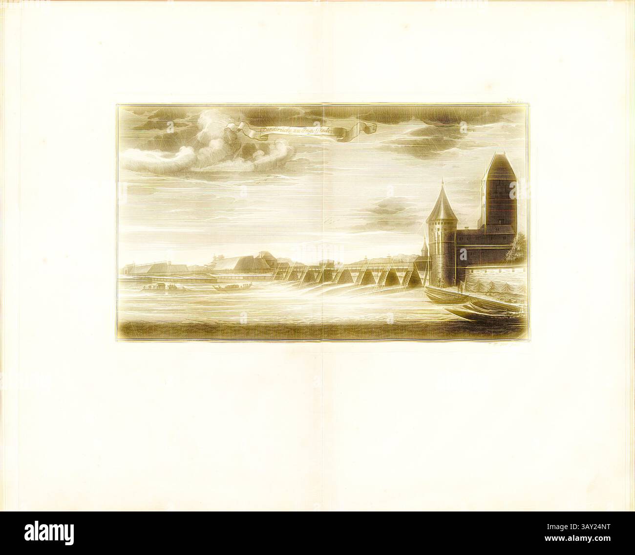 Un tranquillo paesaggio fluviale caratterizzato da una struttura storica con due torri prominenti, circondato da dolci corsi d'acqua e nuvole che si spostano sopra la testa. Il paesaggio è incorniciato da colline lontane e da una serie di archi che attraversano il fiume, evocando un senso di tranquillità e bellezza architettonica. Il ponte per Ingolstadt, il ponte sul Danubio a Ingolstadt, firmato: I. W. Stör fecit, Fig. 38, no 47, secondo P. 96, Stör, Johann Wilhelm (sc.); Breitkopf, Bernhard Christoph (ed.), 1735, Carl Christian Schramm: Historischer Schauplatz in welchem die merkwürdigsten Brücken aus allen Theilen der Welt, insonderheit a Foto Stock