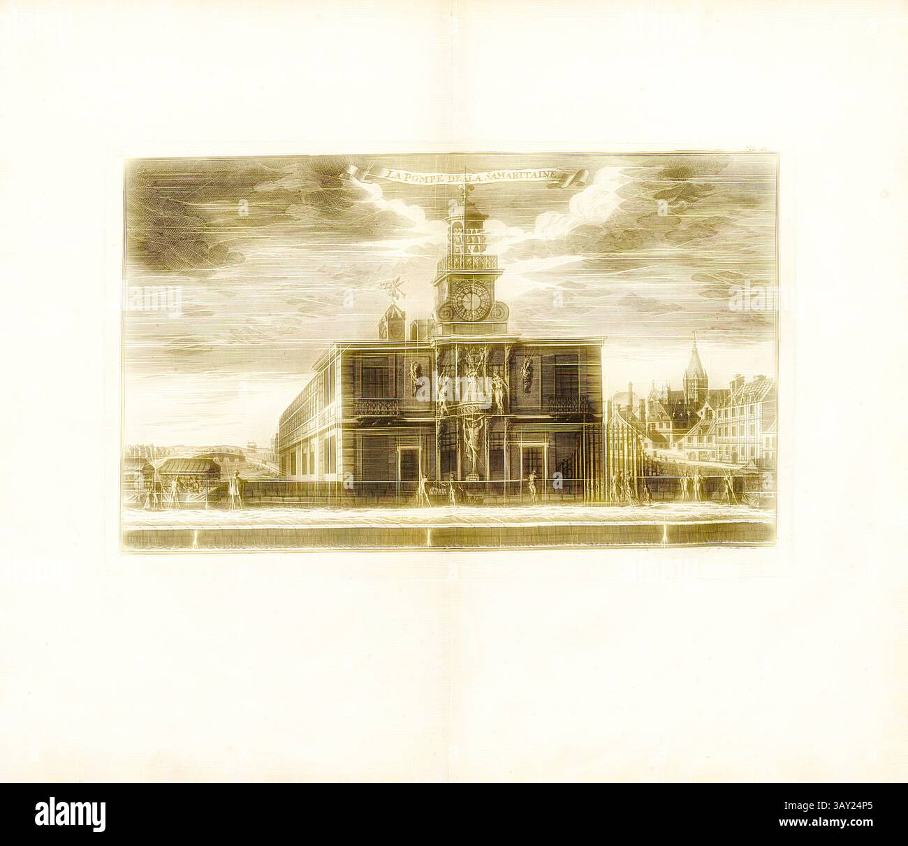 Un'intricata illustrazione architettonica di un grande edificio caratterizzato da una torre dell'orologio, adornata da sculture ed elementi decorativi. Sullo sfondo, un cielo spettacolare completa il paesaggio storico della città, suggerendo eventi e storie del passato legati a questo punto di riferimento: La pompa di Samaritan, la stazione di pompaggio la Samaritaine per l'approvvigionamento idrico del Louvre e il Jardin des Tuileries di Parigi, Fig. 47, no 58, dopo P. 96, Breitkopf, Bernhard Christoph (ed.), 1735, Carl Christian Schramm: Historischer Schauplatz in welchem die merkwürdigsten Brücken aus allen Theilen der Welt, insonderheit aber die in den vo Foto Stock