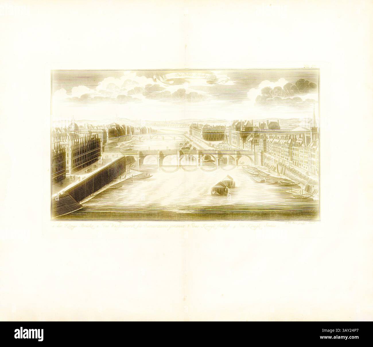 Una vista di un paesaggio urbano caratterizzato da un fiume con barche, fiancheggiato da edifici e ponti, sotto un cielo nuvoloso. La scena cattura un mix di dettagli architettonici ed elementi naturali, suggerendo un vivace ambiente sul lungomare. Il Ponte nuovo, Pont Neuf sulla Senna a Parigi, firmato: I. W. Stör Sculps, Fig. 46, no 57, secondo P. 96, Breitkopf, Bernhard Christoph (ed.), 1735, Carl Christian Schramm: Historischer Schauplatz in welchem die merkwürdigsten Brücken aus allen Theilen der Welt, insonderheit aber die in den vollkommensten Stand versetzte Dresdner ELB-Brücke, in saubern Prospecten, Foto Stock