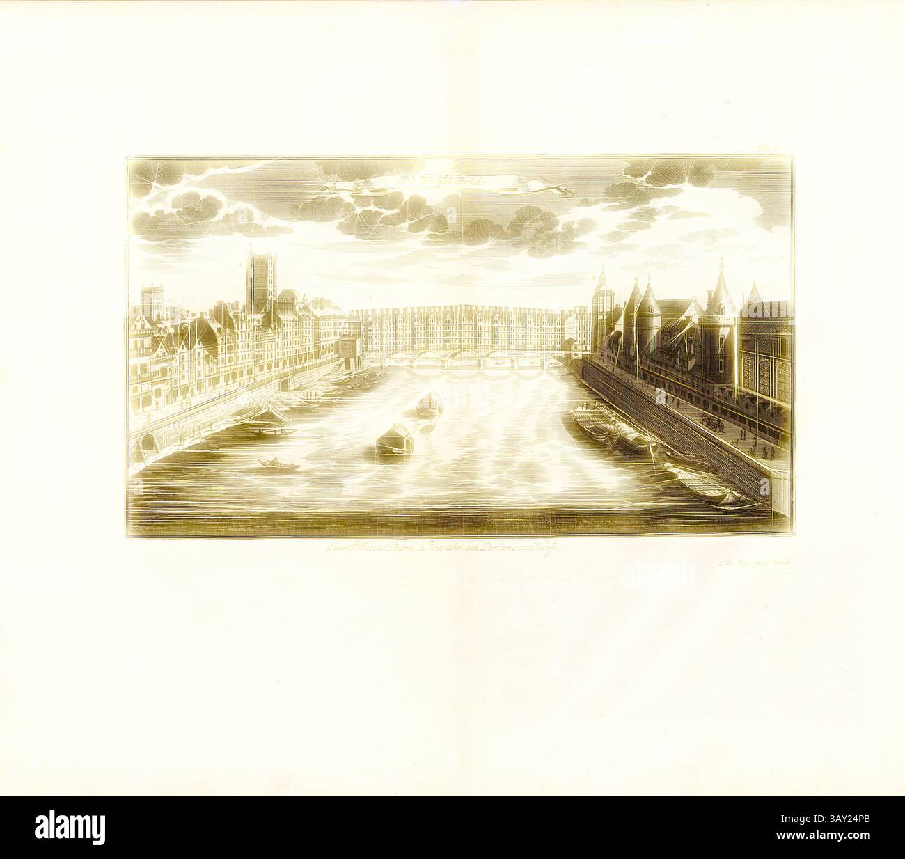 Una vista panoramica di un paesaggio urbano, con eleganti edifici che costeggiano le rive di un fiume. Le barche scivolano dolcemente sull'acqua, mentre le intricate nuvole formano un cielo spettacolare sopra, migliorando l'atmosfera tranquilla ma vibrante della scena. Il ponte di cambio, Pont au Change sulla Senna a Parigi, firmato: I. W. Stör fecit, Fig. 50, no 61, secondo P. 96, Stör, Johann Wilhelm (sc.); Breitkopf, Bernhard Christoph (ed.), 1735, Carl Christian Schramm: Historischer Schauplatz in welchem die merkwürdigsten Brücken aus allen Theilen der Welt, insonderheit aber die in den vollkommensten Stand versetzte Dr Foto Stock