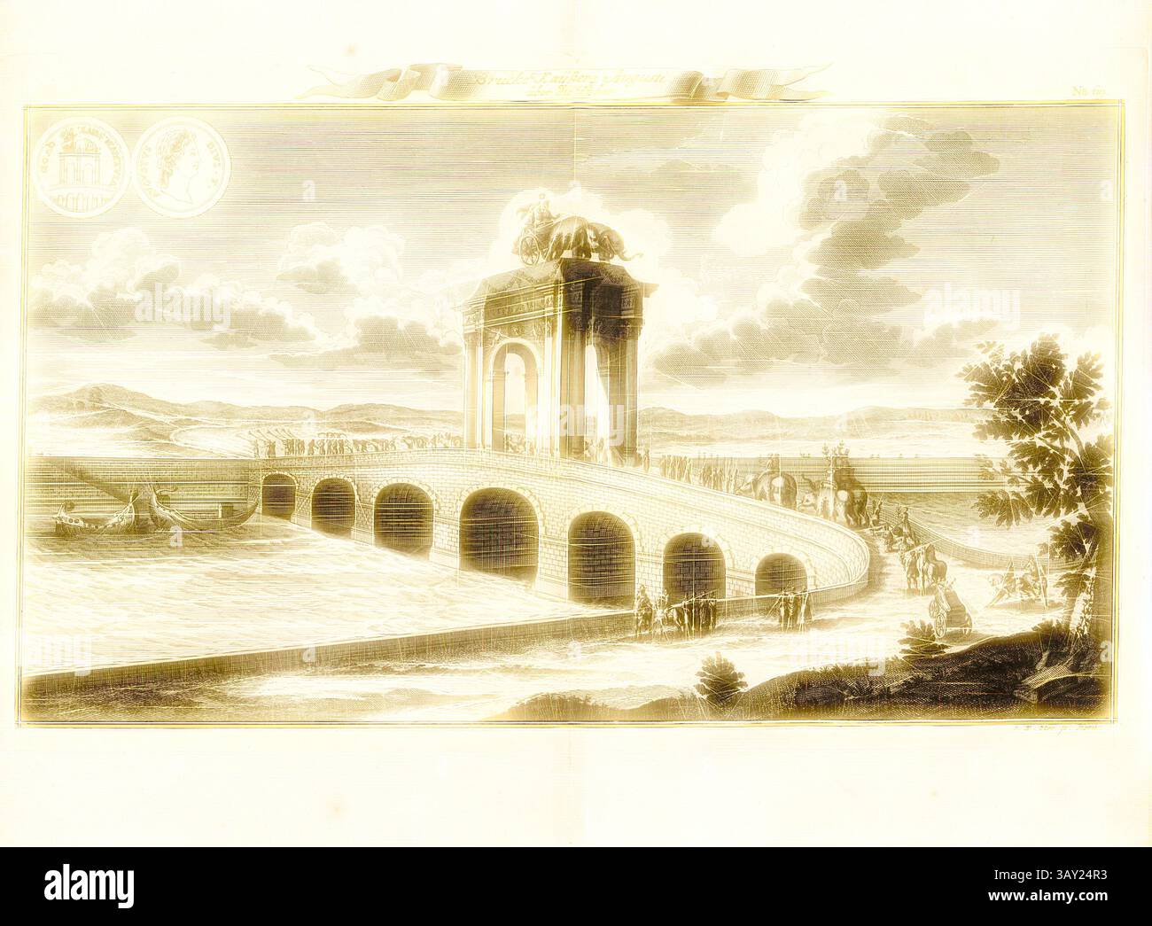 Una grande struttura architettonica caratterizzata da un grande arco sormontato da un leone, adagiato su uno sfondo panoramico con colline ondulate e un fiume. Una folla di figure si vede attraversare il ponte, mentre le barche navigano nelle acque vicine, creando un'atmosfera vivace e storica. Ponte Kayser Augusti sul Tyber, Ponte d'Augusto sopra il Tevere, firmato: I. W. Stör sc, Fig. 57, no 69, dopo P. 96, Stör, Johann Wilhelm (sc.); Breitkopf, Bernhard Christoph (ed.), 1735, Carl Christian Schramm: Historischer Schauplatz in welchem die merkwürdigsten Brücken aus allen Theilen der Welt, insonderheit aber die in Foto Stock