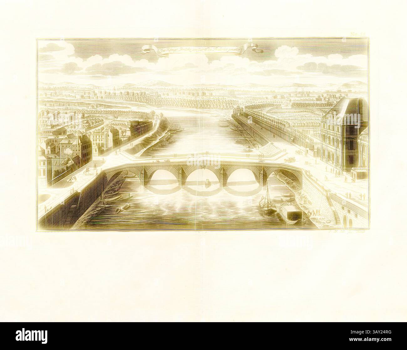 Una vista panoramica di un fiume che si estende attraverso una vivace città, caratterizzata da ponti eleganti, architettura storica e uno skyline punteggiato di monumenti storici. La scena cattura la grandezza e il fascino della vita urbana, mostrando le barche che navigano con grazia lungo il corso d'acqua. Il ponte reale presso il giardino chiamato Thuileries, Pont Royal attraverso la Senna a Parigi, firmato: I. W. Stör fec, Fig. 44, no 55, dopo P. 96, Stör, Johann Wilhelm (sc.); Breitkopf, Bernhard Christoph (ed.), 1735, Carl Christian Schramm: Historischer Schauplatz in welchem die merkwürdigsten Brücken aus allen Theilen der Welt, insonde Foto Stock