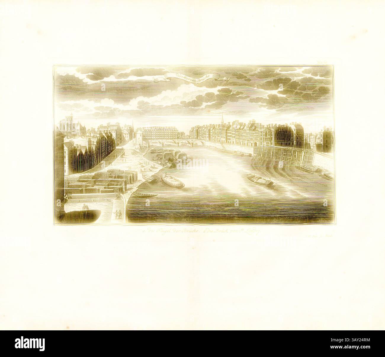 Un tranquillo paesaggio fluviale caratterizzato da un tortuoso fiume delimitato da alberi ed eleganti edifici, con barche che galleggiano pacificamente sull'acqua. Nuvole spettacolari si stagliano sopra la testa, aggiungendo profondità alla scena tranquilla. Il ponte Marien, Pont Marie sulla Senna a Parigi, firmato: I. W. Stör sc, Fig. 49, no 60, secondo P. 96, Stör, Johann Wilhelm (sc.); Breitkopf, Bernhard Christoph (ed.), 1735, Carl Christian Schramm: Historischer Schauplatz in welchem die merkwürdigsten Brücken aus allen Theilen der Welt, insonderheit aber die in den vollkommensten Stand versetzte Dresdner ELB-Brücke, in saubern Prospecten Foto Stock
