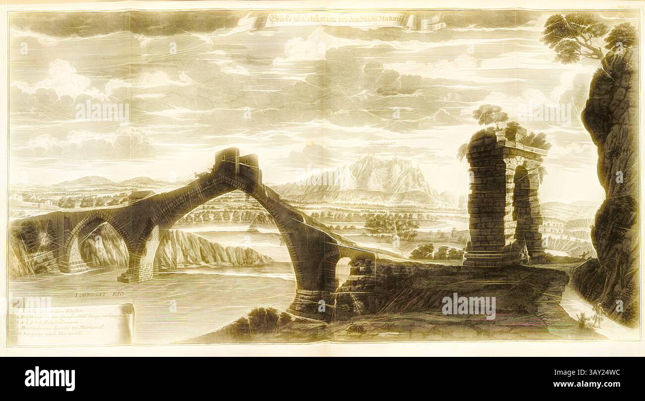 Un paesaggio sereno che mostra un suggestivo ponte ad arco che si estende su acque calme, con aspre montagne e lussureggianti colline sullo sfondo sotto un vasto cielo. Spiccano i resti di una struttura in pietra, suggerendo una civiltà un tempo grande: Ponte per la Catalogna presso la città di Martorell, Pont del Diable sul Llobregat a Martorell, fig. 43, n. 54, dopo P. 96, Breitkopf, Bernhard Christoph (ed.), 1735, Carl Christian Schramm: Historischer Schauplatz in welchem die merkwürdigsten Brücken aus allen Theilen der Welt, insonderheit aber die in den vollkommensten Stand versetzte Dresdner ELB Foto Stock