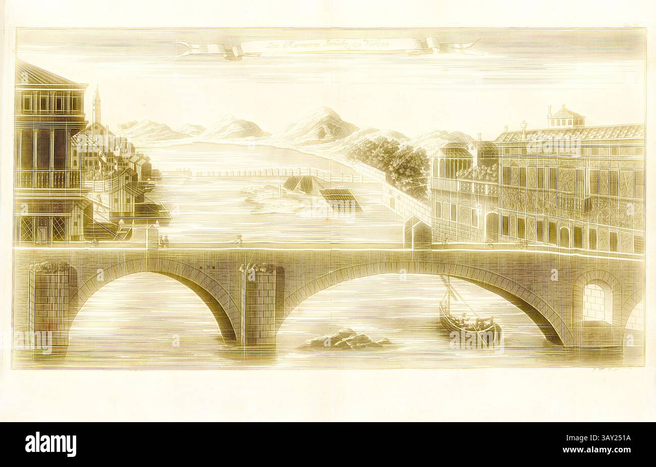 Un tranquillo paesaggio presenta un grande ponte ad arco che si estende su un tranquillo fiume, fiancheggiato da edifici ornati e montagne lontane. Una piccola imbarcazione si allontana lungo il ponte, mentre una persona passeggia lungo il ponte, aggiungendo un tocco di vita alla tranquilla scena. Il ponte Marmorne per Verona, Ponte pietra sull'Adige a Verona, firmato: I. W. S. sc, Fig. 59, no 71, dopo P. 96, Stör, Johann Wilhelm (sc.); Breitkopf, Bernhard Christoph (ed.), 1735, Carl Christian Schramm: Historischer Schauplatz in welchem die merkwürdigsten Brücken aus allen Theilen der Welt, insonderheit aber die in den vollkommensten S. Foto Stock