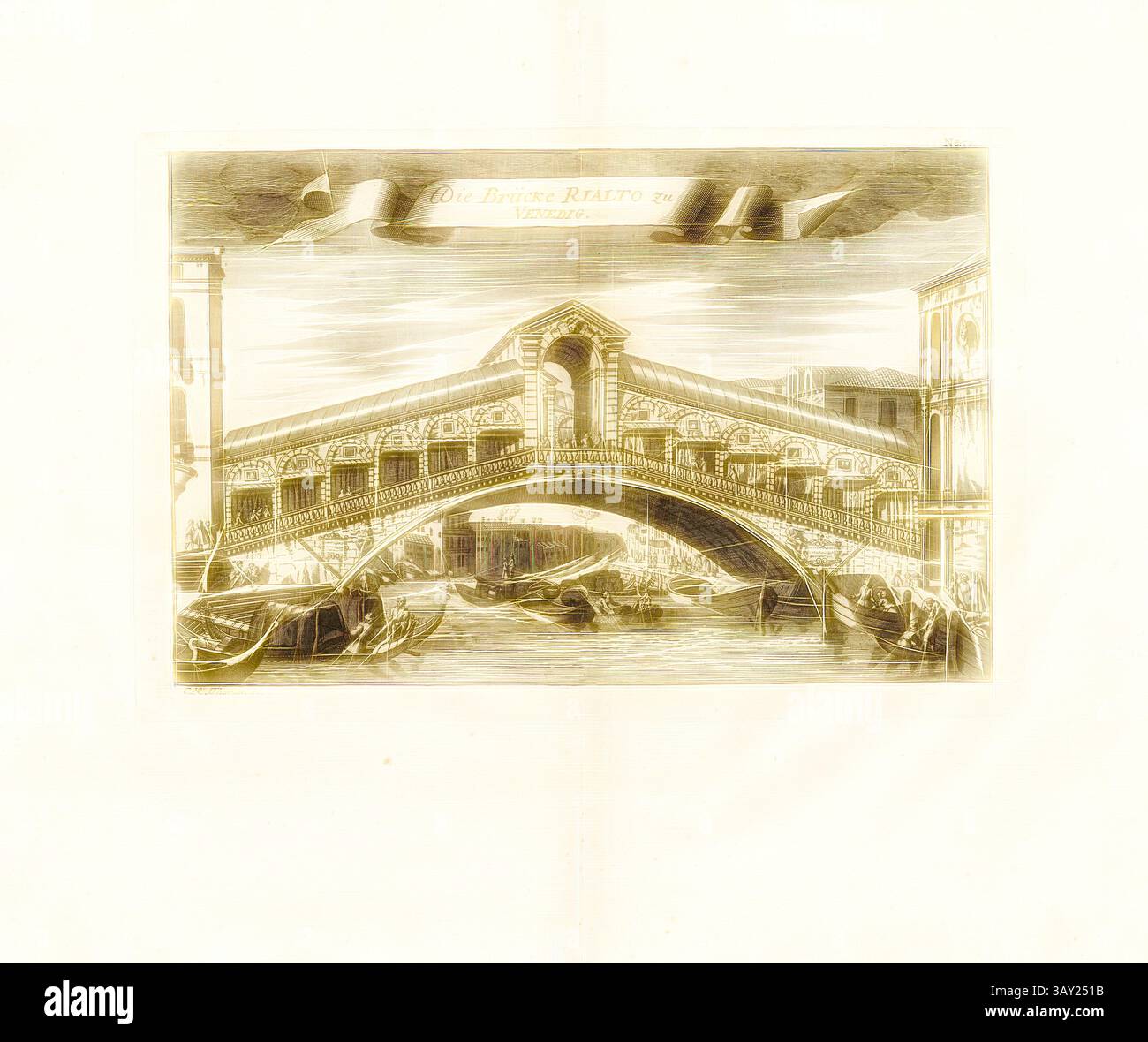 Un'illustrazione dettagliata dell'iconico Ponte di Rialto a Venezia, che mostra la sua architettura ornata e i vivaci corsi d'acqua pieni di gondole. Sopra, il cielo presenta delicate nuvole che si aggiungono all'incantevole atmosfera di questo storico monumento. Il ponte Rialto a Venezia, il Ponte di Rialto, firmato: C.R. Thoman sc, Fig. 58, no 70, dopo P. 96, Thomann von Hagelstein, Christoph Raimund (sc.); Breitkopf, Bernhard Christoph (ed.), 1735, Carl Christian Schramm: Historischer Schauplatz in welchem die merkwürdigsten Brücken aus allen Theilen der Welt, insonderheit aber die in den vollkommensten Stan Foto Stock