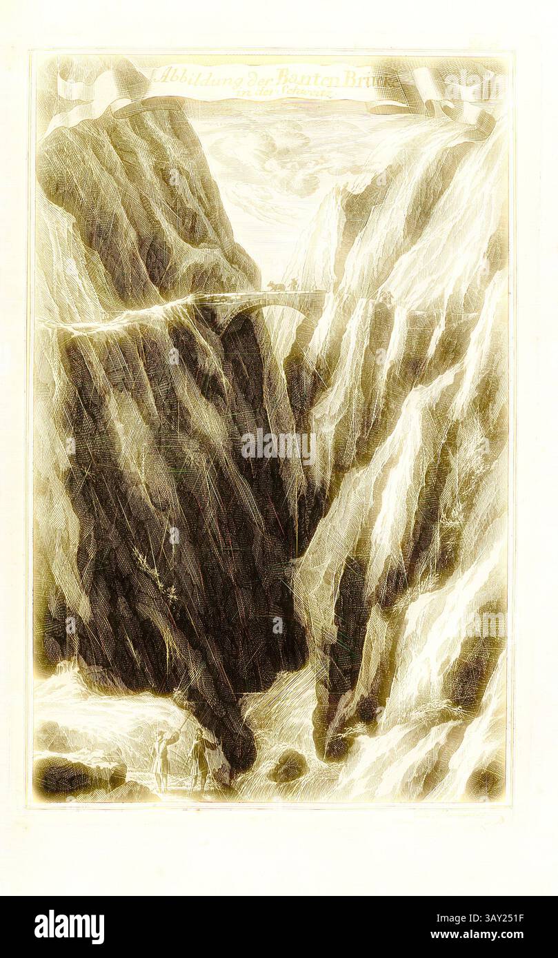 Un paesaggio suggestivo che mostra una profonda gola fiancheggiata da torreggianti formazioni rocciose, con un ponte che si estende elegantemente attraverso l'abisso. In lontananza, è visibile un orizzonte panoramico, che suggerisce la vastità oltre. Le figure alla base forniscono un senso di scala alle imponenti caratteristiche naturali., illustrazione del ponte colorato in Svizzera, Pantenbrücke a Linthal (Canton Glarus), firmato: C. R. Thoman sc, Fig. 64, no 76, dopo P. 96, Thomann von Hagelstein, Christoph Raimund (sc.); Breitkopf, Bernhard Christoph (ed.), 1735, Carl Christian Schramm: Historischer Schauplatz in welchem die merkwü Foto Stock