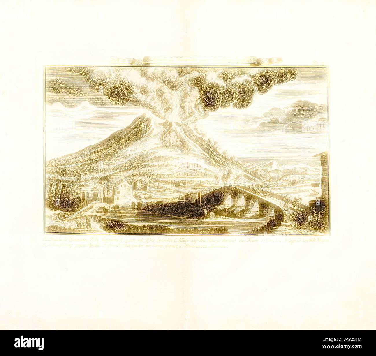 Un vulcano in eruzione domina il paesaggio, circondato da vorticose nuvole di cenere. In primo piano, un tranquillo villaggio e un ponte di pietra contrastano con il drammatico evento naturale, mentre montagne lontane incorniciano la scena. L'opera d'arte cattura il potere della natura in mezzo a serene abitazioni umane: Ponte la Nunziata sotto il Vesuvio, ponte vicino a Torre Annunziata e Vesuvio, Fig. 60, no 72, dopo P. 96, Breitkopf, Bernhard Christoph (ed.), 1735, Carl Christian Schramm: Historischer Schauplatz in welchem die merkwürdigsten Brücken aus allen Theilen der Welt, insonderheit aber die in d Foto Stock