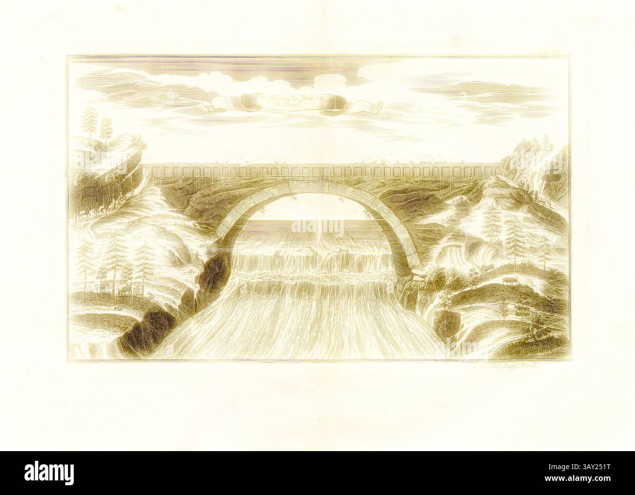 Un maestoso ponte si arrocca su un fiume che scorre, circondato da terreni accidentati e alberi lussureggianti. Sopra, uno striscione fluttua nella brezza, mentre il paesaggio è caratterizzato da dolci colline e cieli spettacolari., il ponte volante per Xensi, il ponte sul fiume giallo nella provincia di Shaanxi, Cina, firmato: I. W. Stör Sculps, Fig. 73, no 83, secondo P. 96, Stör, Johann Wilhelm (sc.); Breitkopf, Bernhard Christoph (ed.), 1735, Carl Christian Schramm: Historischer Schauplatz in welchem die merkwürdigsten Brücken aus allen Theilen der Welt, insonderheit aber die in den vollkommensten Stand versetzte Foto Stock