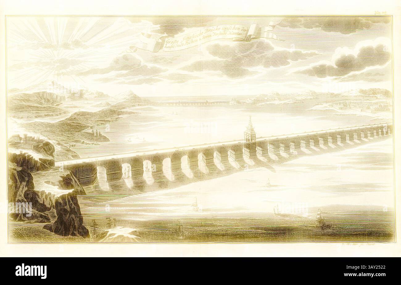 Un'intricata rappresentazione di un grande ponte che si estende su un sereno corpo d'acqua, con dolci colline e spettacolari nuvole sullo sfondo. Uno striscione incornicia graziosamente il cielo, suggerendo il significato della scena. Il paesaggio è punteggiato da piccole barche, che aggiungono un senso di tranquillità alla struttura monumentale, grande ponte cinese tra la città principale di Fochcu e. Il loro sobborgo Nantai, Bridge in China, firmò: I. W. Stör sc, Fig. 74, no 84, secondo P. 96, Stör, Johann Wilhelm (sc.); Breitkopf, Bernhard Christoph (ed.), 1735, Carl Christian Schramm: Historischer Schauplatz in welchem di Foto Stock