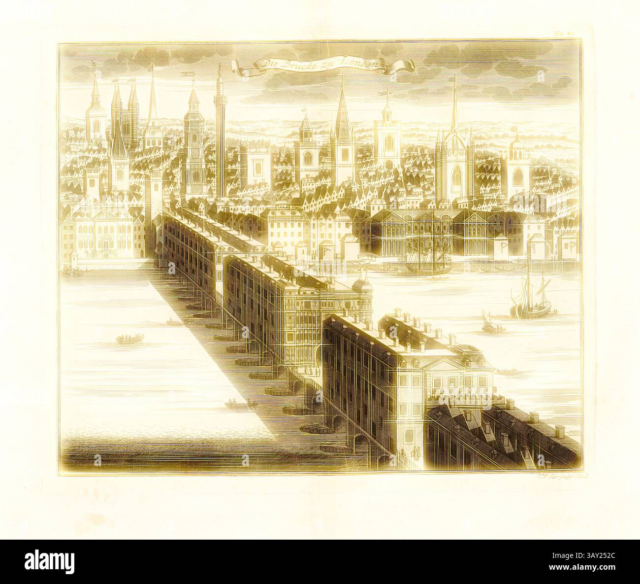 Un esteso paesaggio urbano mostra dettagli architettonici intricati, con alte guglie, cupole e varie strutture che fiancheggiano una sponda del fiume. Le piccole barche galleggiano dolcemente sull'acqua, mentre uno striscione fluttua in alto, aggiungendo un senso di movimento alla tranquilla scena urbana. Il ponte per Londra, il London Bridge sul Tamigi a Londra, firmato: I. W. Stör Sculps, Fig. 70, no 80, dopo P. 96, Stör, Johann Wilhelm (sc.); Breitkopf, Bernhard Christoph (ed.), 1735, Carl Christian Schramm: Historischer Schauplatz in welchem die merkwürdigsten Brücken aus allen Theilen der Welt, insonderheit aber die in den vollkom Foto Stock
