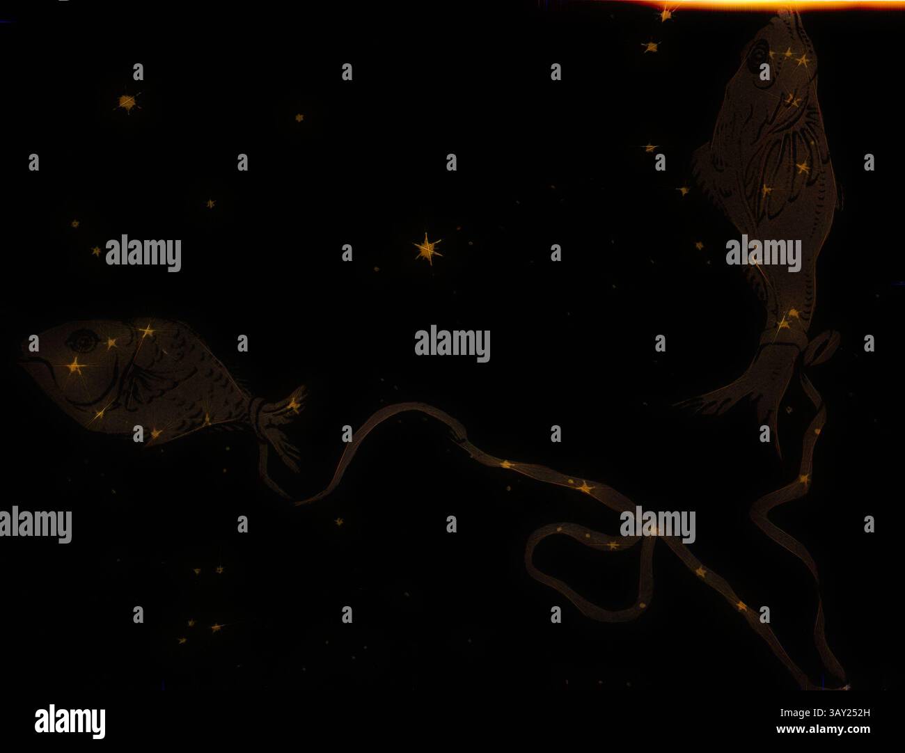 Due pesci stilizzati nuotano tra stelle scintillanti, collegati da un nastro scintillante che aggiunge un tocco stravagante alla scena celeste., pesci, pesci della costellazione, no XLIX, a p. 70, 1842, Charles F. Blunt: La bellezza del cielo: Una mostra pittorica dei fenomeni astronomici dell'universo. Centoquattro scene colorate che illustrano una lezione familiare di astronomia. Londra: Tilt and Bogue, 1842, arte classica con un tocco moderno reinventata da Artotop Foto Stock