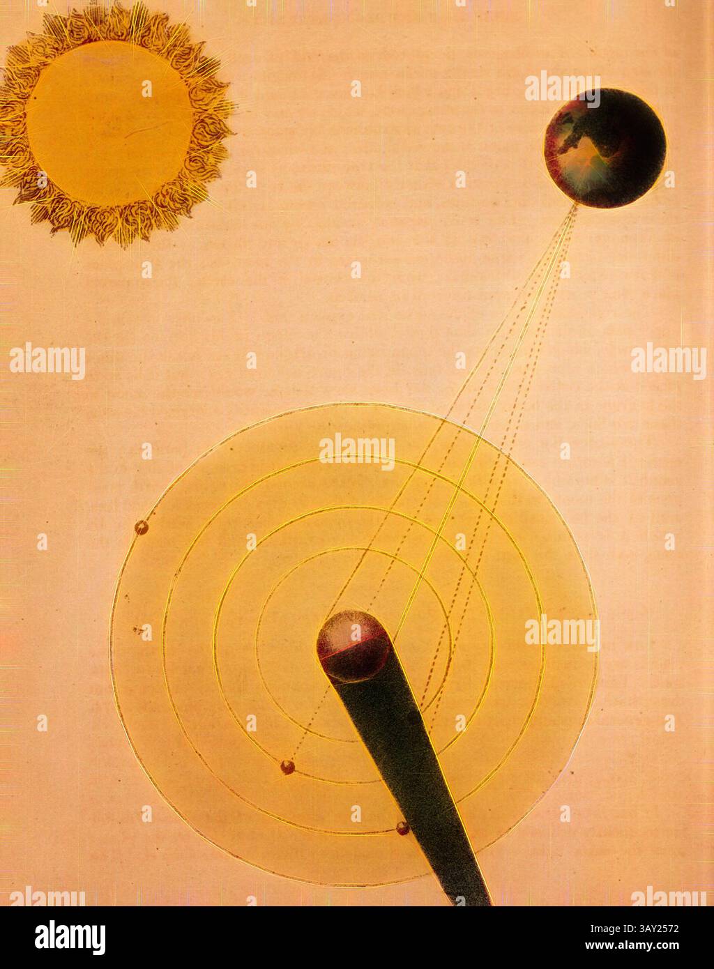 Un'illustrazione celeste raffigurante il sole e la terra, con raggi che emanano dal sole verso una terra stilizzata, enfatizzando il concetto di luce e distanze astronomiche. I cerchi concentrici suggeriscono le orbite dei pianeti all'interno di un sistema solare, l'eclissi dei satelliti di Giove, l'eclissi delle lune di Giove, no LXIX, dopo P. 84, 1842, Charles F. Blunt: La bellezza dei cieli: Una mostra pittorica dei fenomeni astronomici dell'universo. Centoquattro scene colorate che illustrano una lezione familiare di astronomia. Londra: Tilt and Bogue, 1842, arte classica con un tocco moderno Foto Stock