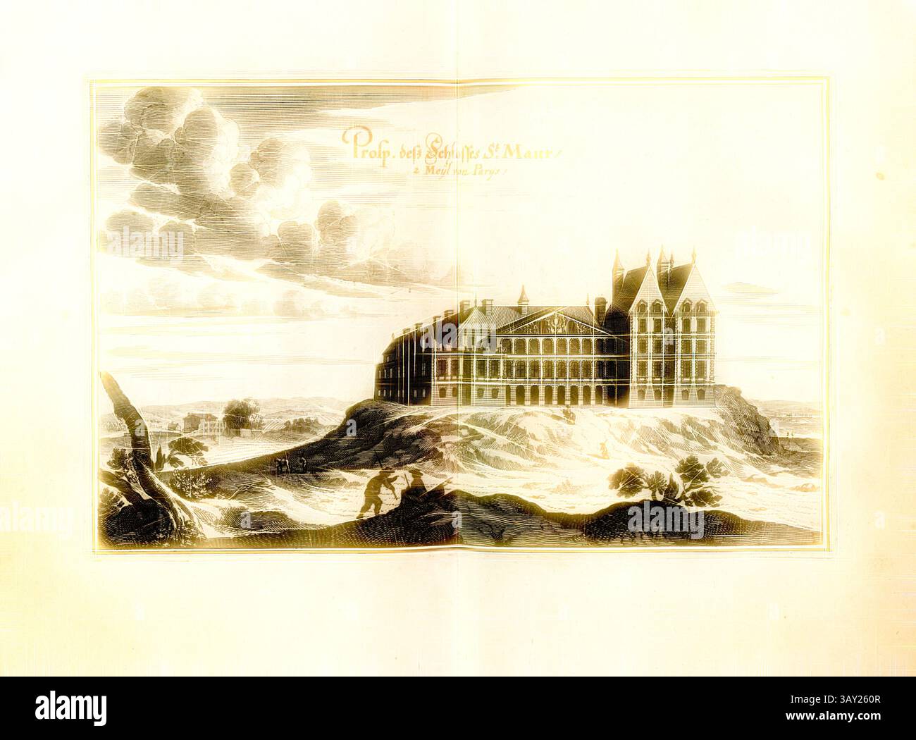 Una grande struttura architettonica sorge in cima a una collina, circondata da paesaggi ondulati e nuvole spettacolari. Il design dettagliato presenta più guglie e finestre intricate che riflettono un'epoca passata di eleganza e maestria artigianale. In primo piano, le figure sono raffigurate camminando, aggiungendo un senso di scala all'imponente edificio., Prosp. Castello di Desz St. Maur 2 Meyl di Parys, Château de Saint-Maur vicino Parigi (Francia), Fig. 101, dopo p. 97 del 1661, Martin Zeiller: Topographia Galliae, oder Beschreibung und Contrafaitung der vornehmbsten und bekantisten Oerter in dem mächtigen und grossen Königreich p. Foto Stock