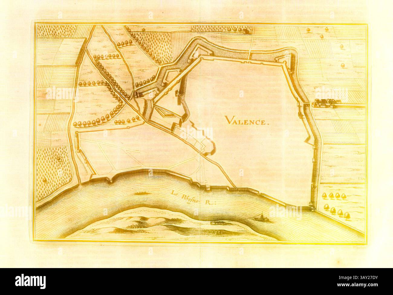 Una mappa storica raffigurante la disposizione di Valence, che mostra le sue mura fortificate, i paesaggi circostanti e il vicino fiume, con caratteristiche chiave di facile riferimento., Valence, piano di fortificazione di Valence in Francia, Fig. 325, p. 22, 1661, Martin Zeiller: Topographia Galliae, oder Beschreibung und Contrafaitung der vornehmbsten und bekantisten Oerter in dem mächtigen und grossen Königreich Franckreich: Beedes auss eygner Erfahrung und den besten und berühmbtesten Scribenten, so in underschiedlichen Spraachen davon aussgangen seyn, auch Beretanten von Reletlanten auss auss Foto Stock