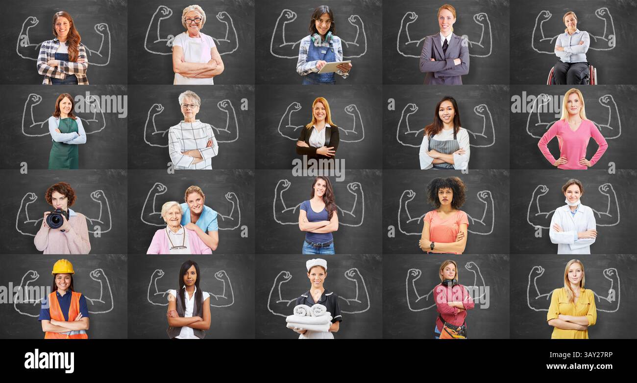 Ritratti di donne di molte industrie davanti a pannelli con braccia muscolari come concetto di carriera e competenza. Foto Stock
