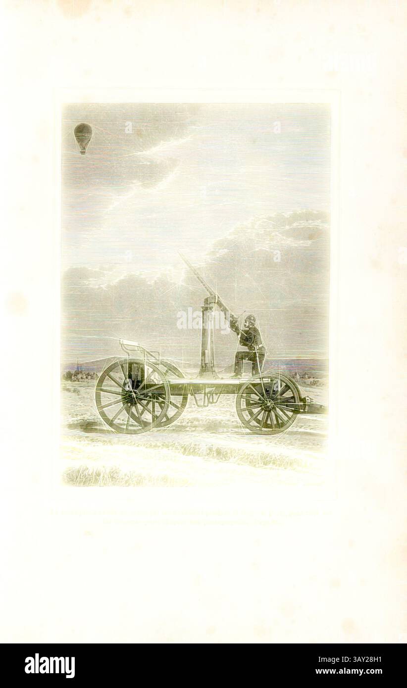 Una scena storica con un pezzo di artiglieria trainato da cavalli, completo di cannone che punta verso il cielo. Sullo sfondo, una mongolfiera si libra sopra un paesaggio punteggiato di nuvole, suggerendo un periodo di esplorazione e innovazione. L'ambientazione evoca un senso di avventura e l'inseguimento di nuove frontiere. Il moschetto a pallone aerostatico utilizzato dai prussiani durante l'assedio di Parigi, per sparare sulla stazione degli aerostatici, Musket usato dai prussiani durante l'assedio di Parigi (1870-1871) per lanciare aerei, firmato:? Naget, fig. 22, secondo P. 88, 1887, Gaston Tissandier: Histoire de mes Ascensions. Récit de q Foto Stock