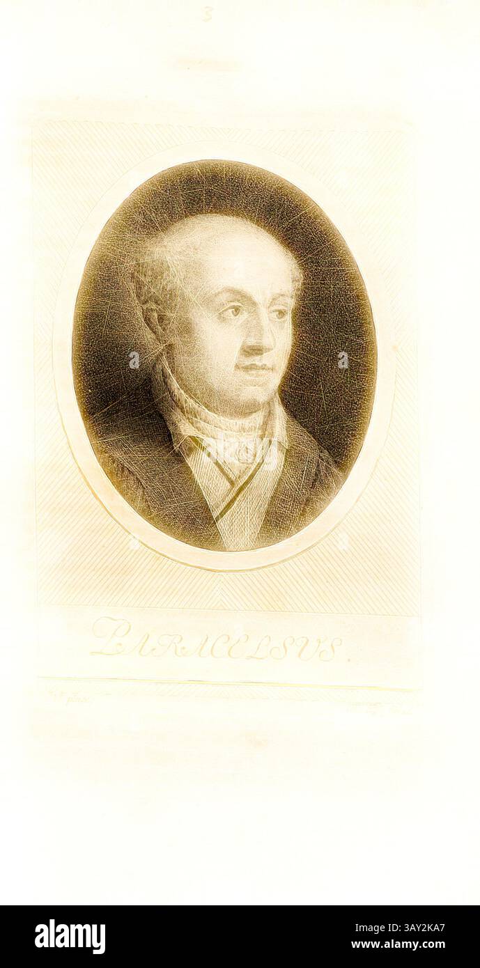 Un ritratto storico di un uomo illustre con un'espressione premurosa, vestito con un abbigliamento del XVIII secolo, incorniciato in un ovale. Il nome "Paracelso" è inciso sotto l'immagine, suggerendo un collegamento con il famoso medico e alchimista., Paracelso, Ritratto di Philip Theophrastus Aureolus Bombastus von Hohenheim, firmato: N. pinx; H. Pf. Finto, Taf. 3, a P. 28, N. (pinx.); Pfenninger, Heinrich (fec.), Leonhard Meister; Heinrich Pfenninger; J. C Fäsi: Helvetiens berühmte Männer in Bildnissen. BD 2) Zürich: im Verlag von Heinrich Pfenninger Mahler, 1799, arte classica con un tocco moderno Foto Stock