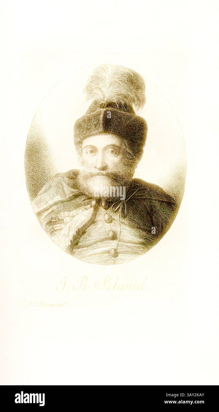 Una figura regale adornata con abiti tradizionali, caratterizzata da un caratteristico cappello con una piuma, guarda con attenzione. I dettagli eleganti dell'abbigliamento e le caratteristiche espressive del personaggio trasmettono un senso di storia e personalità. Sotto, è scritto un nome che suggerisce un significato notevole., I. R. Schmid, Ritratto di Johann Ruldolf Schmid, firmato: J. H. Pfenniger fecit, Taf. 37, pag. 264, Pfenninger, Heinrich (fec.), Leonhard Meister; Heinrich Pfenninger; J. C Fäsi: Helvetiens berühmte Männer in Bildnissen. BD 1. Zürich: im Verlag von Heinrich Pfenninger Mahler, 1799, arte classica con una TW moderna Foto Stock