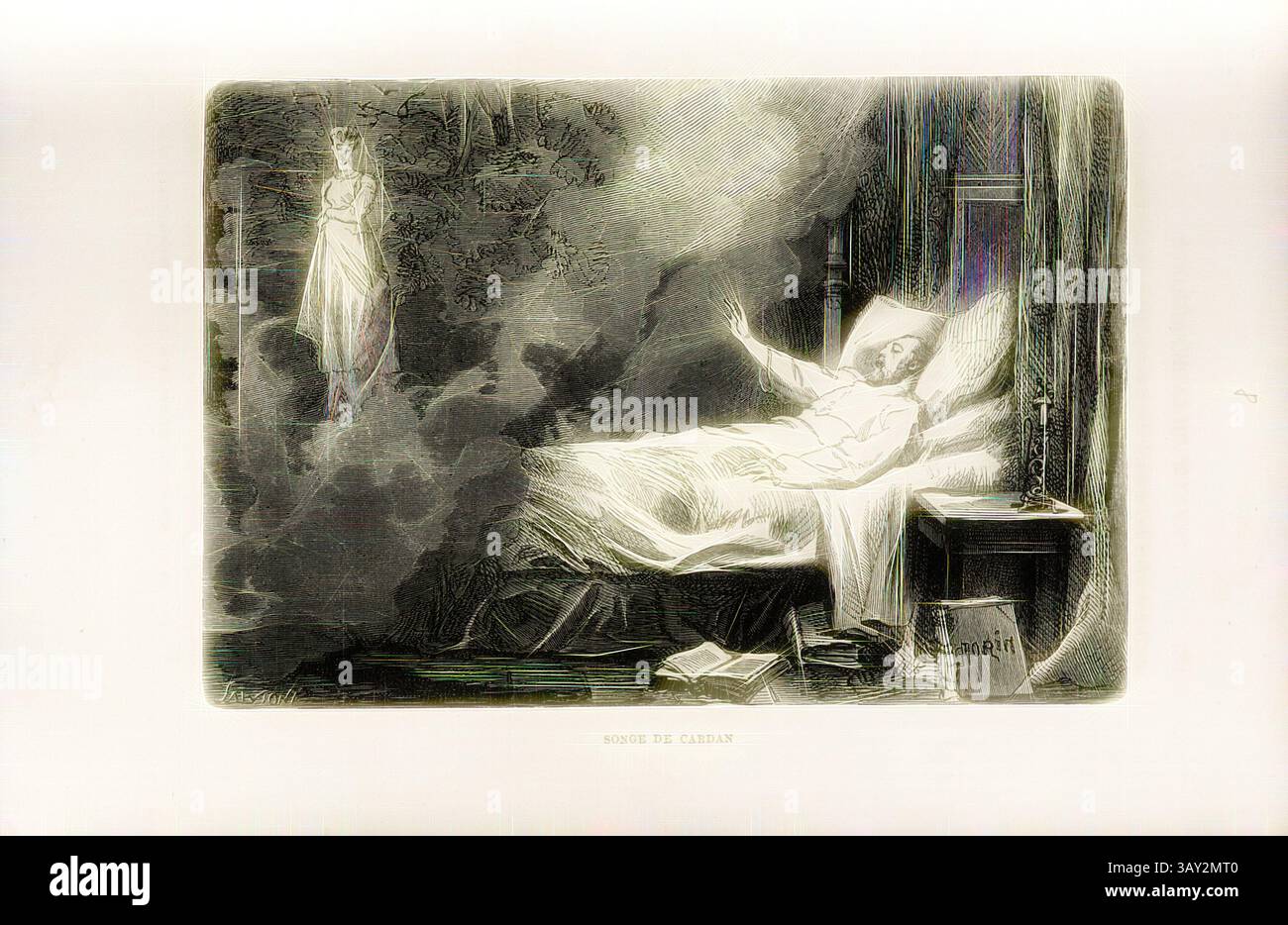 Una scena serena cattura una figura sdraiata in un letto, apparentemente in un sonno profondo, mentre un'apparizione spettrale si libra nelle vicinanze, dando una presenza eterea. L'atmosfera trasmette un senso di mistero e la sovrannaturale, invitante contemplazione dei sogni e dell'aldilà, il sogno di Cardan, il sogno di Gerolamo Cardano, firmato: Morin, Fig. 8, dopo P. 136, p. 165, Morin, M. E., 1868, Louis Figuier: Savants de la renaissance: Paracelse, Ramus, Jérome cardan, Bernard Palissy, George agricola, Conrad Gesner, Rondelet, André Vésale, Ambroise Paré, Kopernik, Tycho Brahé, Vasco de Gama, Magellano. Parigi: Lib Foto Stock