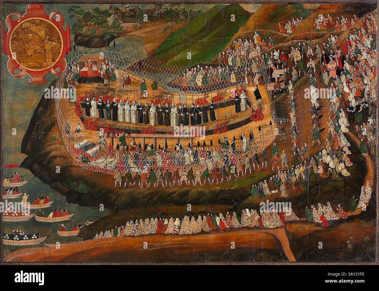 Il 5 febbraio 1597, San Paolo Miki (1564-1597), uno studioso gesuita, e altri 25 furono martirizzati a Nagasaki. Questo dipinto mostra i martiri gesuiti del Giappone che furono torturati e giustiziati a Nagasaki in quel secolo. Dopo il 1614, molti cristiani giapponesi fuggirono a Macao e Manila. Fu dipinto da un anonimo pittore giapponese nel 1635 circa. Il dipinto è conservato nella Chiesa del Gesù, Roma, Italia Foto Stock