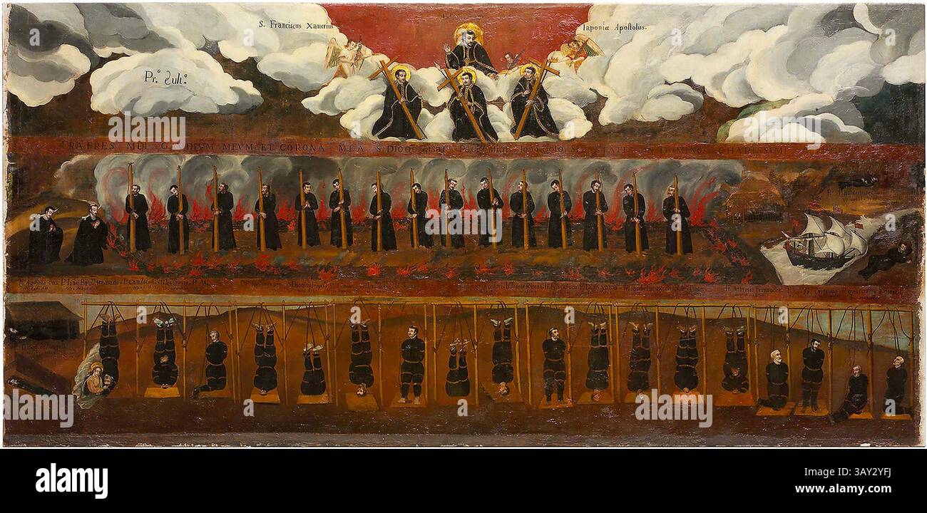 Il 5 febbraio 1597, San Paolo Miki (1564-1597), uno studioso gesuita, e altri 25 furono martirizzati a Nagasaki. Questo dipinto mostra i martiri gesuiti del Giappone che furono torturati e giustiziati a Nagasaki in quel secolo. Dopo il 1614, molti cristiani giapponesi fuggirono a Macao e Manila. Fu dipinto da un anonimo pittore giapponese nel 1635 circa. Il dipinto è conservato nella Chiesa del Gesù, Roma, Italia Foto Stock