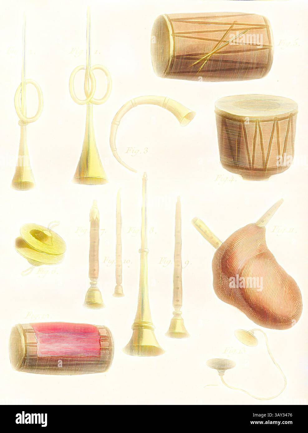 Una collezione di strumenti musicali, tra cui vari corni, tamburi e oggetti a fiato, arrangiati artisticamente con etichette di accompagnamento. Gli oggetti variano per forma, dimensioni e design, mostrando la diversità dell'artigianato musicale tradizionale. Strumenti indiani, vari strumenti musicali indiani - trombe, flauti, batteria, cornamusa e piatto, firmati: P. Sonnerat pinx, Poisson sc, PL. 16, prima di P. 101 (vol. 1), Sonnerat, Pierre M. (pinx.); Poisson, Jean-Baptiste Marie (sculp.), 1782, Sonnerat, Pierre: Voyages aux Indes orientales et a la Chine. Fait par ordre du ROI depuis 1774 jusqu'en 1781: Foto Stock