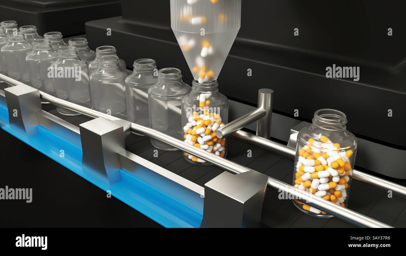 Trasportatore a capsula in un laboratorio di produzione di farmaci - rendering 3D. Foto Stock
