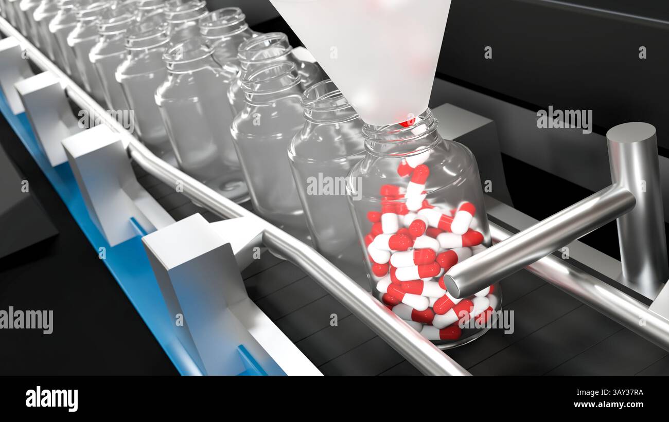 Trasportatore a capsula in un laboratorio di produzione di farmaci - rendering 3D. Foto Stock