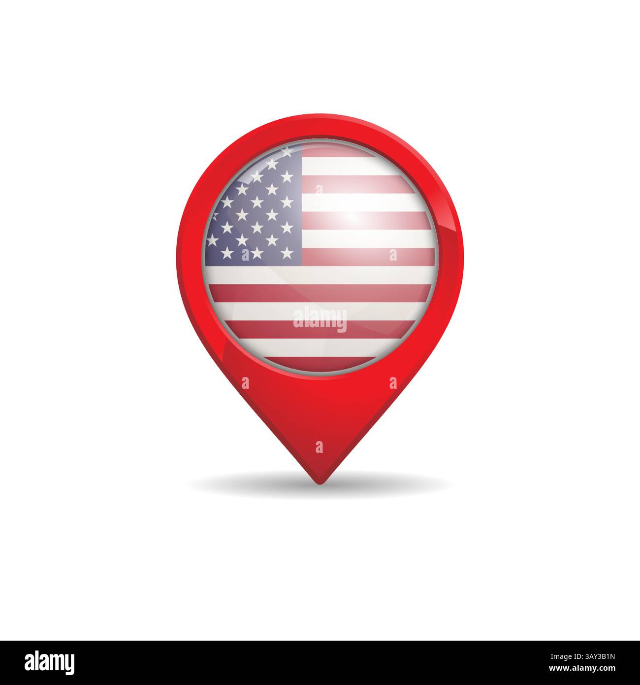 Bandiera USA realistica con illustrazione vettoriale del pin della mappa. Bandiera degli United Sraes of America. Illustrazione Vettoriale