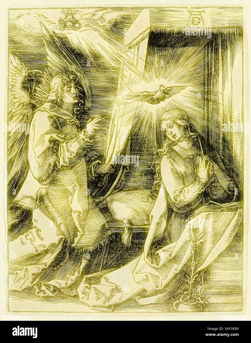 Una scena celeste raffigura un angelo che trasmette un messaggio, mentre una figura serena ascolta attentamente. La luce emana da una finestra, simboleggiando la presenza divina, e una colomba si libra nelle vicinanze, rappresentando pace e ispirazione. I dettagli intricati e le linee fluide esaltano l'atmosfera spirituale del momento., Albrecht Dürer, tedesco, 1471-1528, l'Annunciazione, tra il 1509 e il 1511, inciso in legno stampato con inchiostro nero su carta posata, immagine: 4 7/8 x 3 3/4 pollici (12,4 x 9,5 cm), arte classica con un tocco moderno reinventata da Artotop Foto Stock