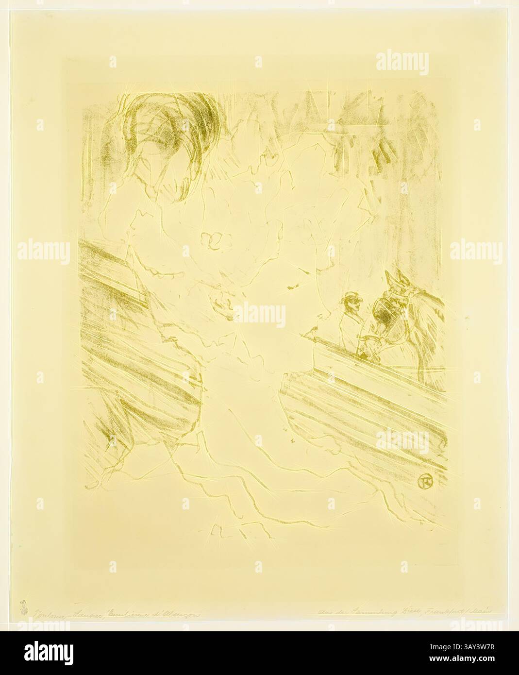 Una scena serena raffigura una figura che guarda intensamente un fiume che scorre, circondato da texture astratte e linee delicate che suggeriscono un senso di contemplazione e tranquillità. Una barca con due occupanti scivola lungo l'acqua, aggiungendo un'atmosfera suggestiva., Henri Marie Raymond de Toulouse-Lautrec, francese, 1864-1901, Emilienne d'Alencon, 1898, litografia stampata con inchiostro nero su carta tessuta, immagine: 28,6 x 23,5 cm (11 1/4 x 9 1/4 pollici), arte classica con un tocco moderno reinventata da Artotop Foto Stock