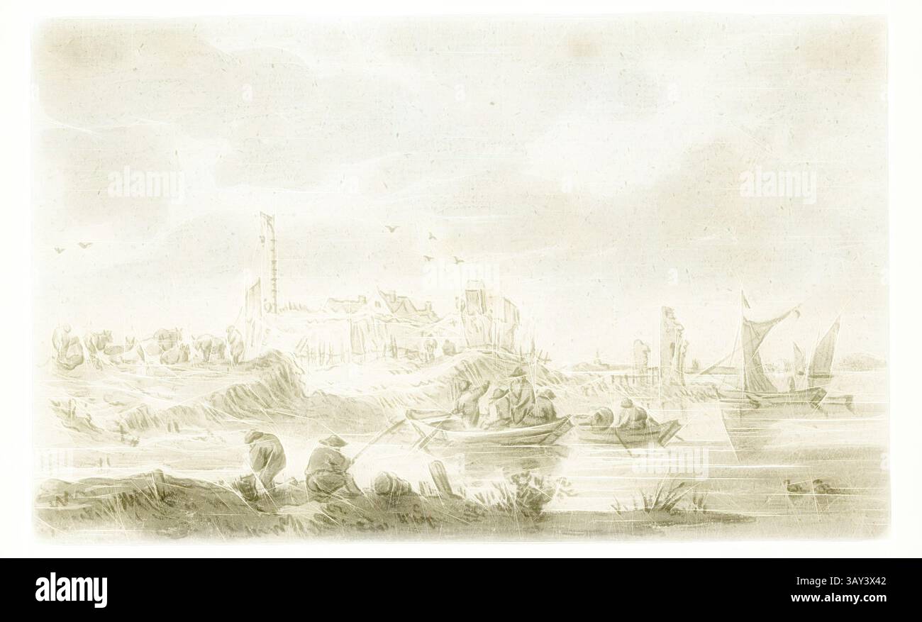 Si dispiega una tranquilla scena costiera, con pescatori in barca, figure lungo la riva e rovine lontane accanto a dolci onde, il tutto sotto un cielo nuvoloso. Il paesaggio cattura un momento di tranquilla vita quotidiana, con la natura e l'attività umana armoniosamente intrecciate., sconosciuto (olandese), dopo Jan van Goyen, olandese, 1596-1656, pescatori vicino alla costa, tra il 1750 e il 1800, gesso nero e grigio lavato su carta boschiva con inclusioni fibrose marroni, Foglio: 12,1 x 20 cm (4 3/4 x 7/8 pollici), arte classica con un tocco moderno reinventato da Artotop Foto Stock