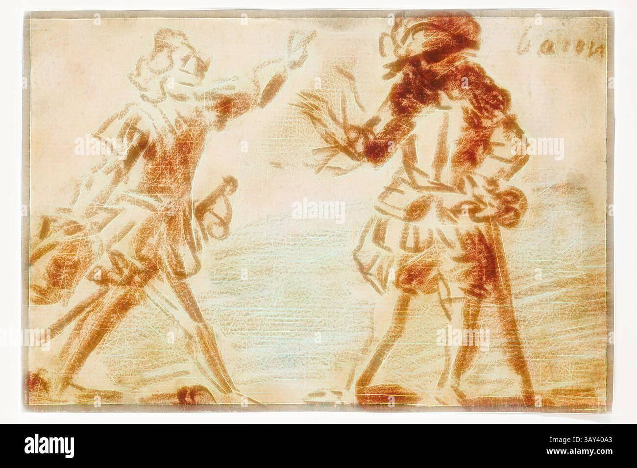 Una scena dinamica con due figure impegnate in una conversazione animata, con un gesto espressivo, mentre l'altra in una posa rilassata, cattura un momento di interazione e narrazione., Claude Gillot, francese, 1673-1722, attori, gesso rosso con penna e bordo inchiostro nero su carta panna, 4 1/2 x 6 11/16 poll. (11,6 cm x 17 cm), arte classica con un tocco moderno reinventata da Artotop Foto Stock