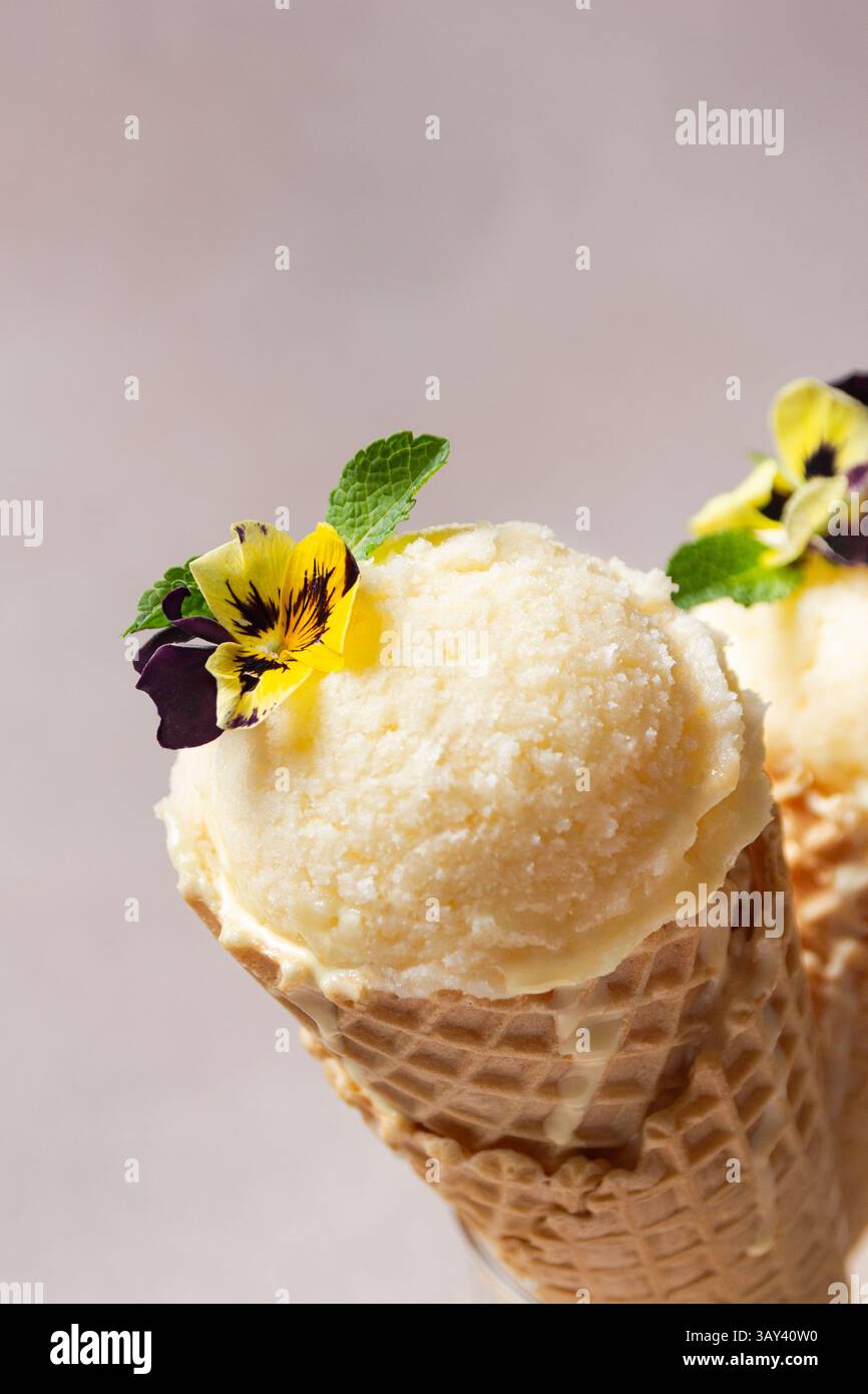 Un primo piano di un cono di gelato alla vaniglia sormontato da vibranti fiori commestibili e foglie di menta fresca, creando una delizia deliziosa e visivamente attraente. Foto Stock
