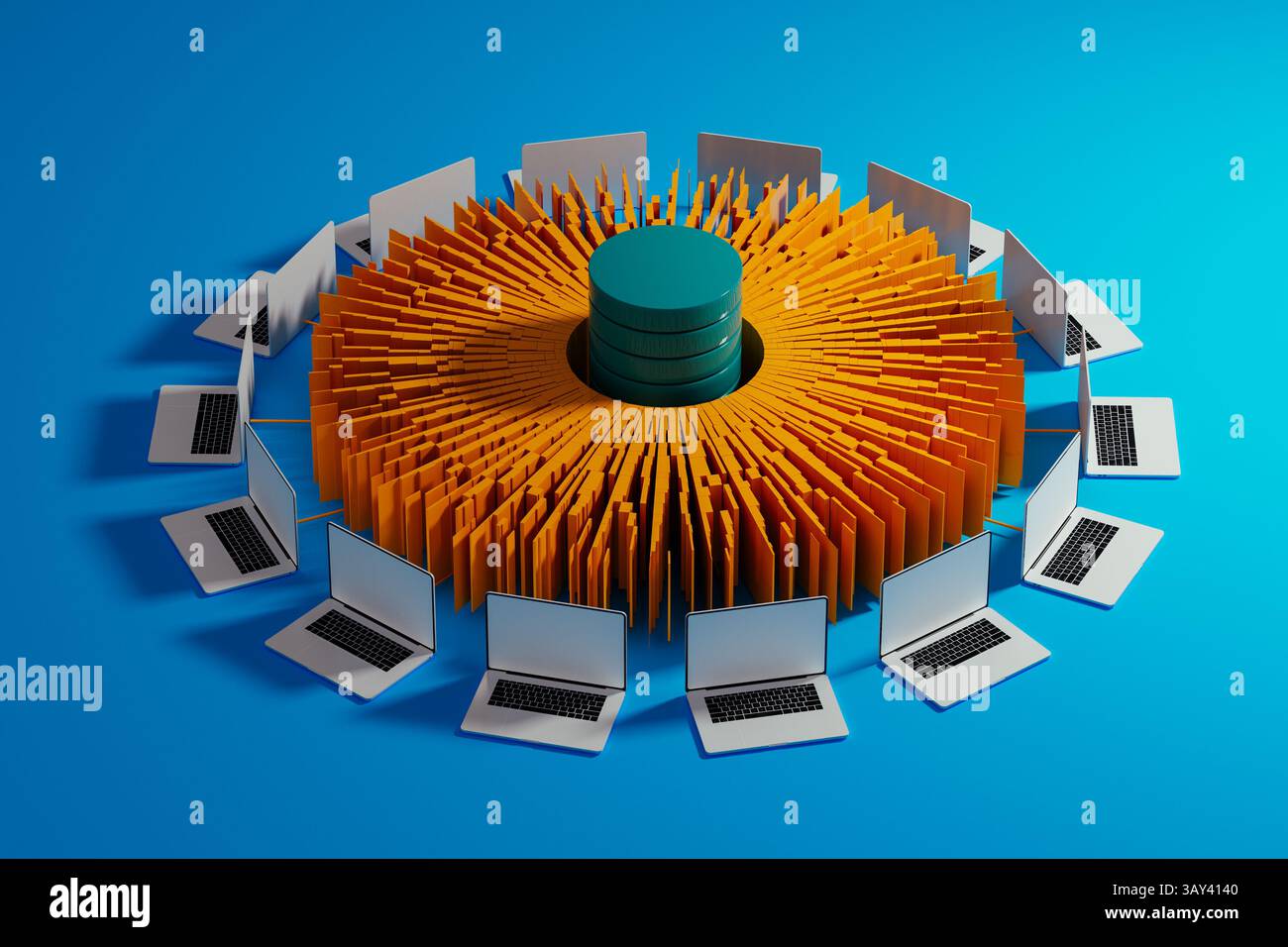 Più notebook circondano un hub dati centrale, che mostra l'integrazione tecnologica per i progressi dell'intelligenza artificiale in uno spazio di lavoro moderno. Foto Stock