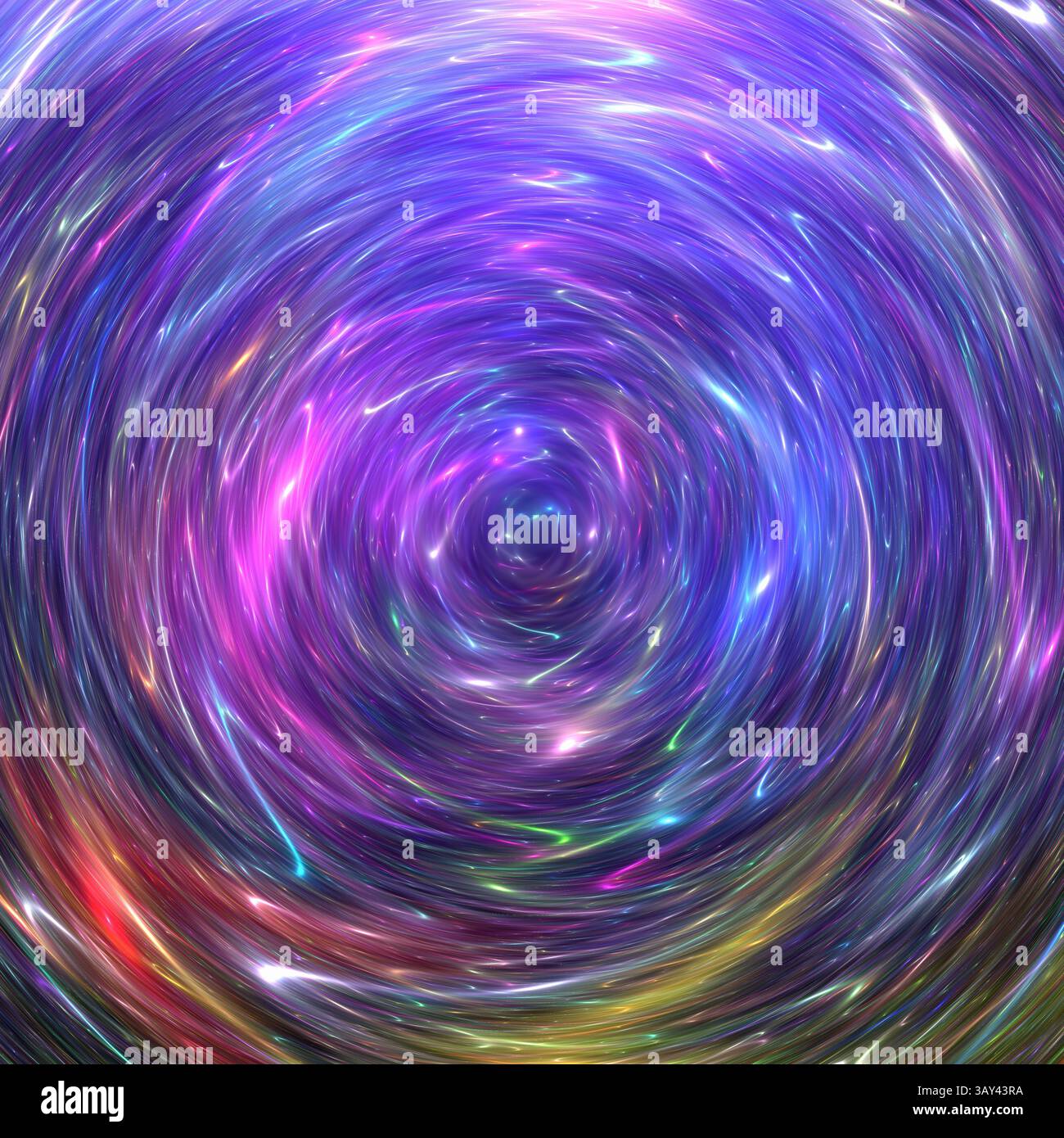 Questa immagine cattura una rappresentazione artistica astratta di una galassia, caratterizzata da un vortice vortice vorticoso di luce vibrante e multicolore che irradia energia cosmica e. Foto Stock
