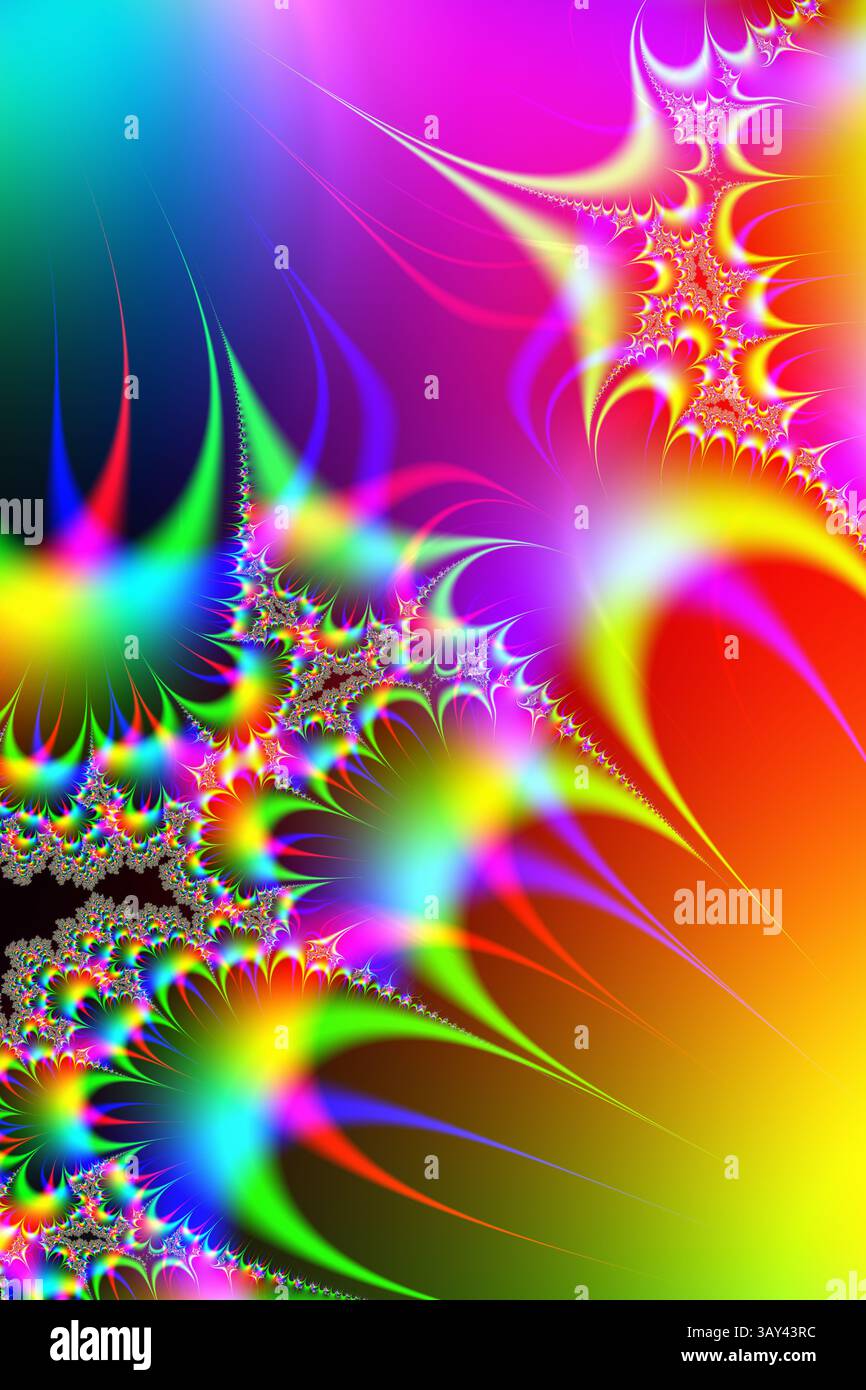 Questa immagine presenta un'accattivante visualizzazione di motivi frattali colorati, ideale per sfondi, sfondi o progetti artistici digitali. Foto Stock