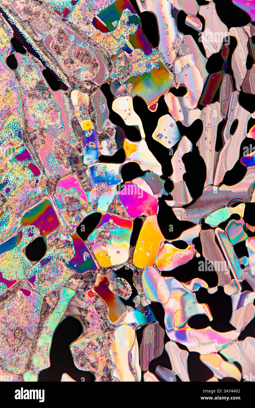 Visualizzazione vivace di cristalli liquidi sotto osservazione microscopica, con un caleidoscopio di colori tra cui rosa, blu, giallo e verde. Foto Stock