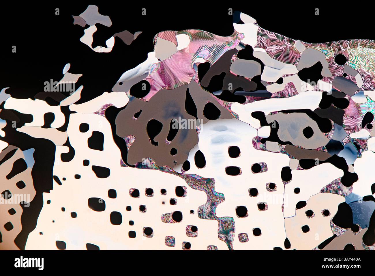 Un primo piano astratto di cristalli liquidi sotto un microscopio caratterizzato da un vivace contrasto di colori tra cui rosa, nero e bianco. Foto Stock