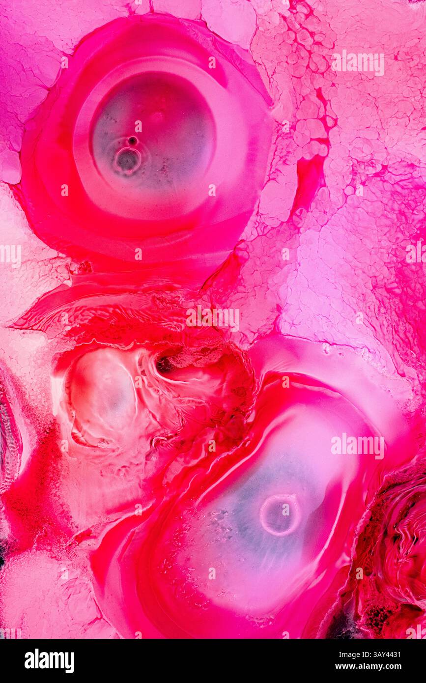 Uno splendido primo piano di arte astratta fluida acrilica che mostra vivaci inchiostri rosa e motivi girevoli organici, evocando un senso di bellezza galattica e c Foto Stock