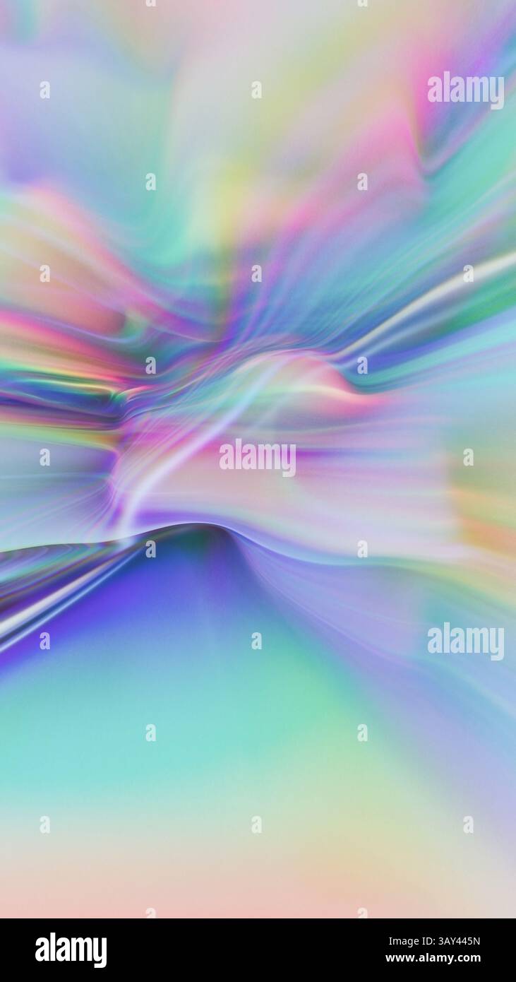 Questa immagine grafica digitale presenta trame olografiche fluide con estrusi 3D. Lo sfondo vivace e multicolore è dinamico e visivamente sorprendente Foto Stock
