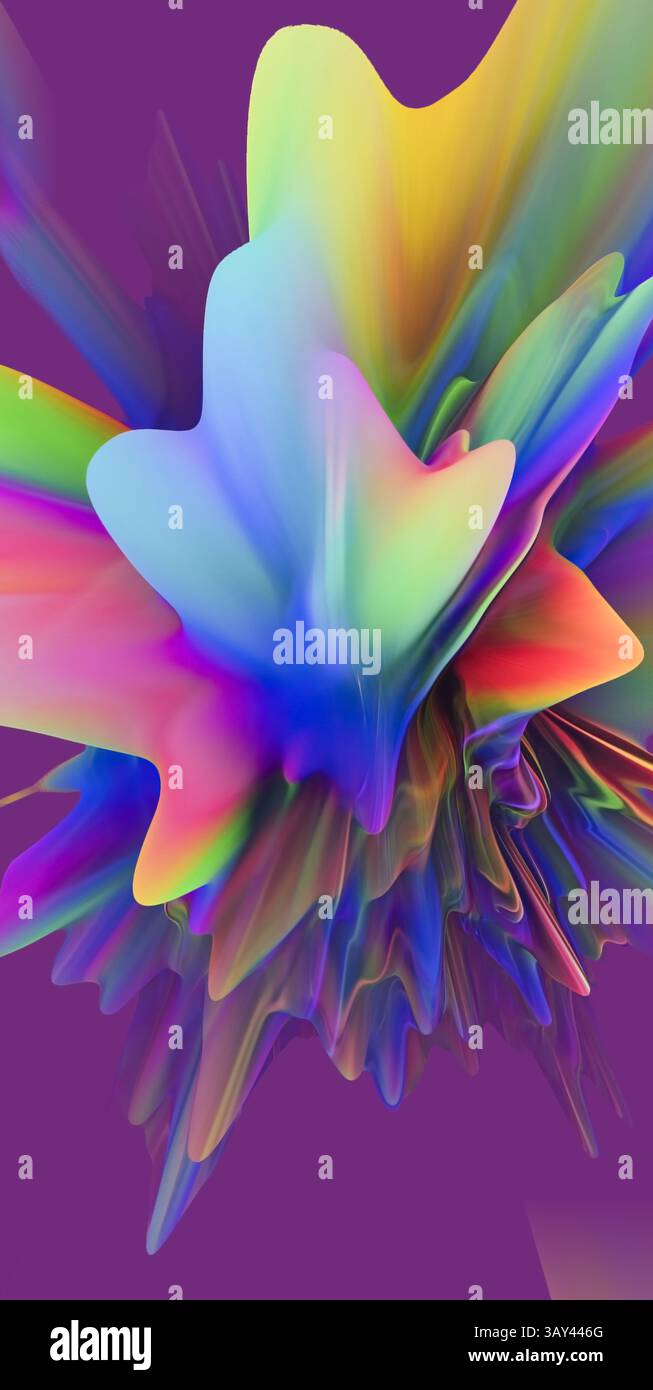 Una straordinaria grafica di estrusi 3D in una tavolozza di colori olografici, caratterizzata da forme fluide e fluide in una disposizione dinamica, ideale per la g contemporanea Foto Stock
