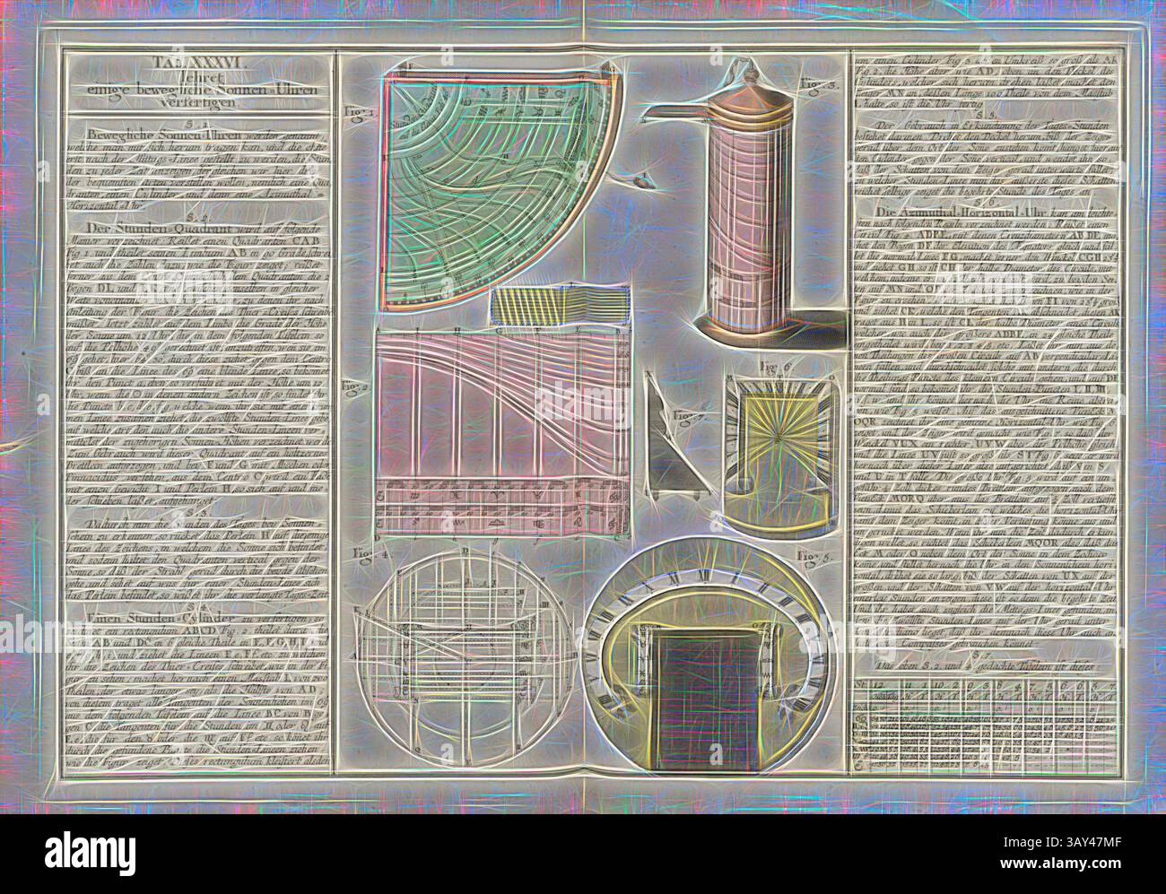 Una raccolta di diagrammi e illustrazioni complessi relativi a strumenti e misurazioni scientifici, accompagnati da spiegazioni testuali dettagliate. Il design presenta varie forme geometriche e disegni tecnici, illustrando concetti di ingegneria e fisica, orologi da sole mobili, Guida alla costruzione di meridiane mobili, TAB. XXXVI, p. 43, Tobias Mayer: Mathematischer Atlas, in welchem auf 60 Tabellen alle Theile der Mathematic vorgestellet und nicht allein überhaupt zu bequemer Wiederholung, sondern auch den Anfängern besonders zur Aufmunterung durch deutliche Beschreibung und Foto Stock
