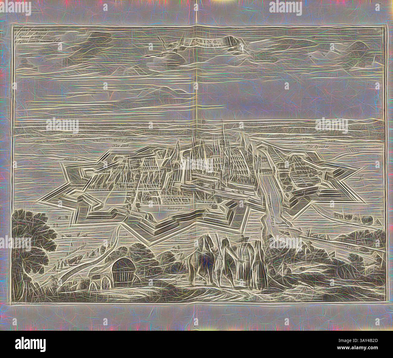 Una mappa storica dettagliata raffigura una città fortificata con difese a forma di stella, circondata dall'acqua. Il layout comprende strade, edifici e vegetazione, con figure in primo piano che osservano la scena. La composizione complessiva cattura un progetto militare strategico di un'epoca passata., Elbing, città della Prussia reale, Vista di Elbing nella Prussia reale del XVIII secolo, firmato: A Leide, Chez Pierre vander AA, Fig. 10, p. 74, AA, Pierre van der (chez), 1727, Adam Olearius: Voyages très-curieux et très-renommez faits en Moscovie, Tartarie et perse: Dans lequels on trouve une description Foto Stock