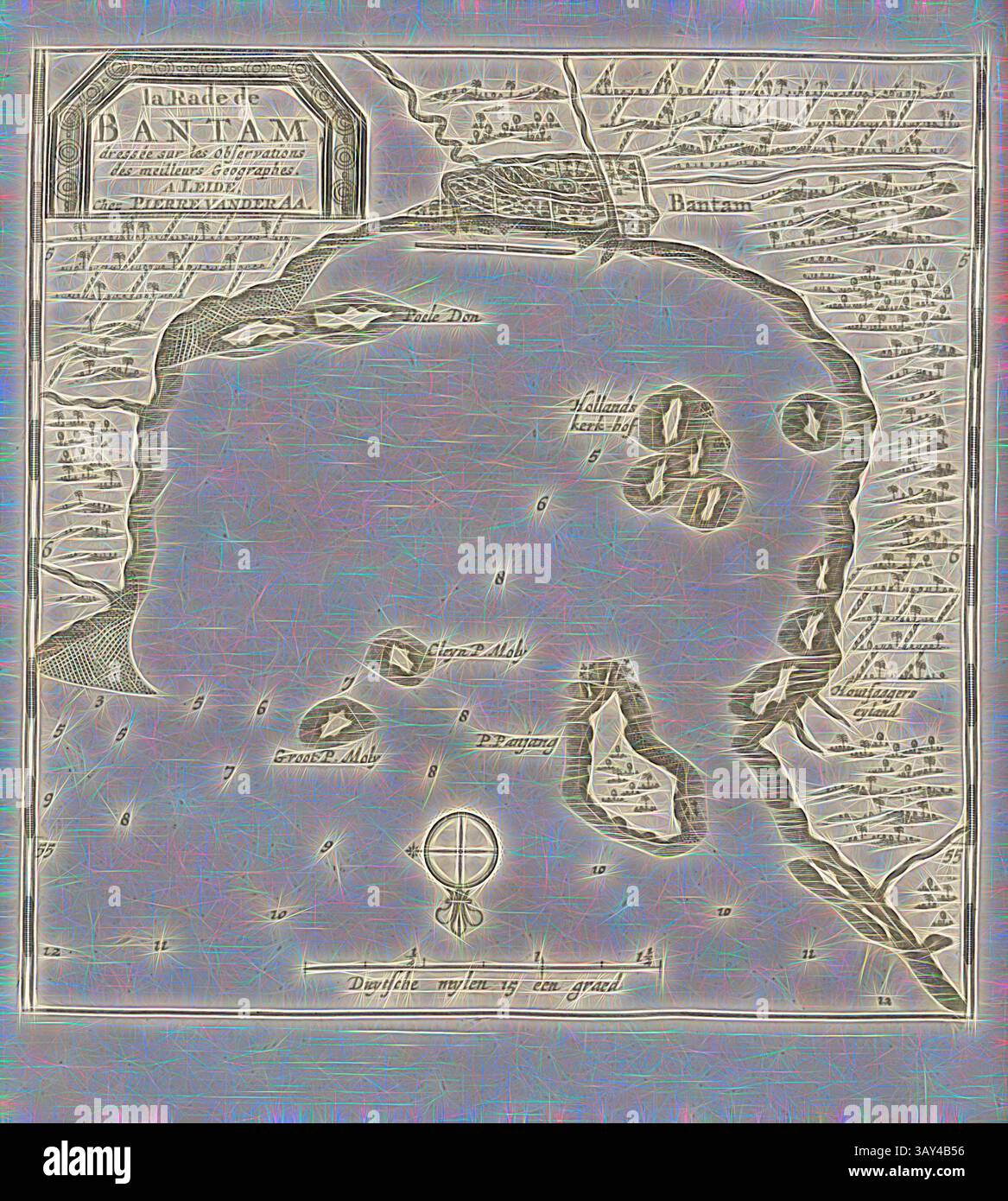 Una mappa storica dettagliata di Bantam, che mostra le sue caratteristiche costiere, isole e vari toponimi, insieme a elementi decorativi cartografici. La strada di Bantam, Mappa dell'ancoraggio di Bantam del XVIII secolo, firmata: Dressée sur les Observations des meilleurs Geographes., A LEIDE, Chez PIERRE VAN DER AA, Fig. 18, dopo P. 360, AA, Pierre van der (chez), 1727, Adam Olearius: Voyages très-curieux et très-renommez faits en Moscovie, Tartarie et perse: Dans lequels on trouve une description curieuse & la situation exacte des pays & etats, par où il a passé [...]. BD.1. A Amsterdam: chez Foto Stock