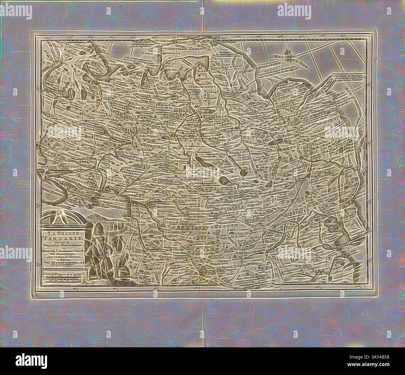 Una mappa dettagliata con contorni intricati e numerose etichette, che mostrano varie località geografiche e riferimenti storici. Il layout mescola elementi artistici con precisione cartografica, invitando l'esplorazione attraverso il suo elaborato design. Le grandi Tartari, Mappa delle grandi Tartari del XVIII secolo, firmata: Suivant les Nouvelles Observations de Messrs. Dell'Academie Royale des Sciences, ecc.. Augmentées de Nouveau., A LEIDE, Chez PIERRE VAN DER AA, Avec Privilege, Fig. 26, dopo pag. 400, AA, Pierre vander (chez), 1727, Adam Olearius: Voyages très-curieux et très-renommez faits Foto Stock