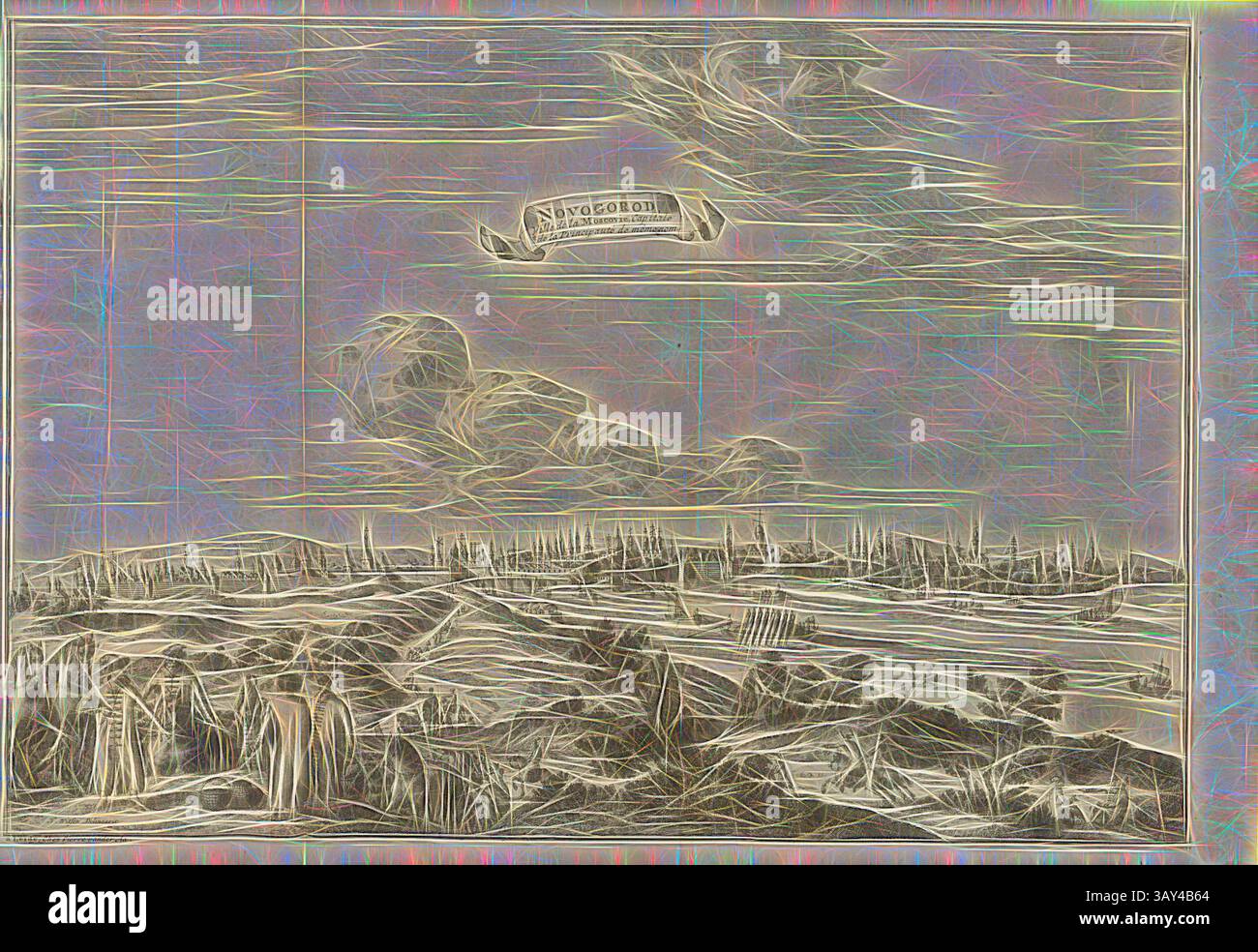 Un paesaggio dettagliato presenta colline ondulate, montagne lontane e un cielo pieno di nuvole. Uno stendardo ornato in alto indica il nome della località, mentre il primo piano mostra un'intricata disposizione di alberi e strutture. Novogorod, città della Moscovia, capitale dell'omonimo Principato, veduta di Novgorod, città della regione di Mosca e capitale dell'omonimo Principato, del XVIII secolo, firmato: N Witsen Delineavit, a Leide, Chez Pierre van der AA, Fig. 13, pag. 124, Witsen, N. (del.); AA, Pierre vander (Chez), 1727, Adam Olearius: Voyages très- Foto Stock